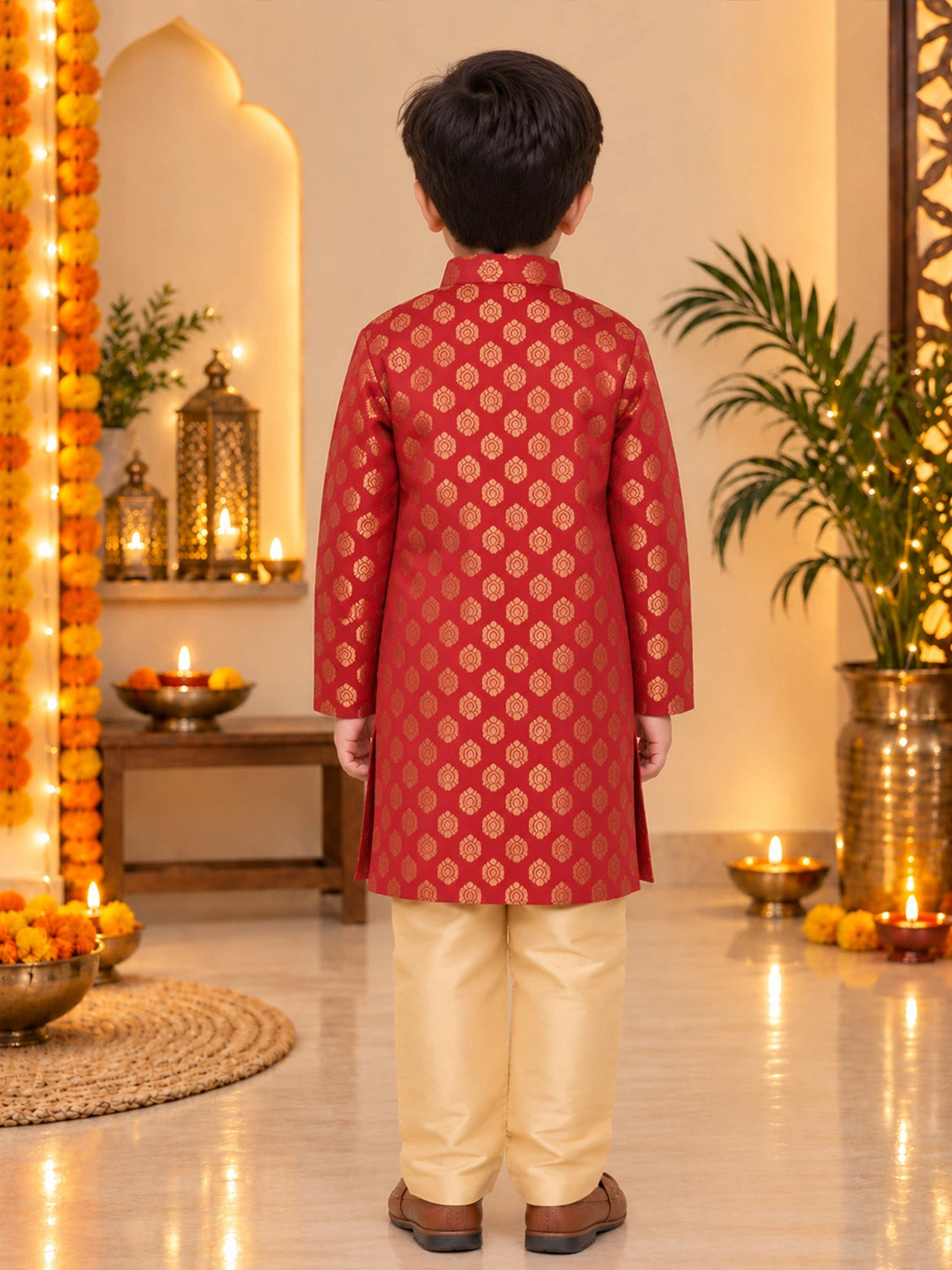 BownBee Front Open Jacquard Sherwani with Pajama Set for Boys- Maroon