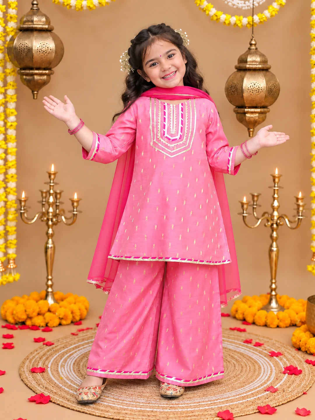 BownBee Festive 3/4th Sleeves Chanderi Kurti Palazzo with Dupatta Set For Girls