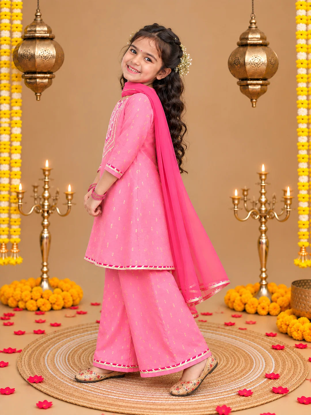 BownBee Festive 3/4th Sleeves Chanderi Kurti Palazzo with Dupatta Set For Girls