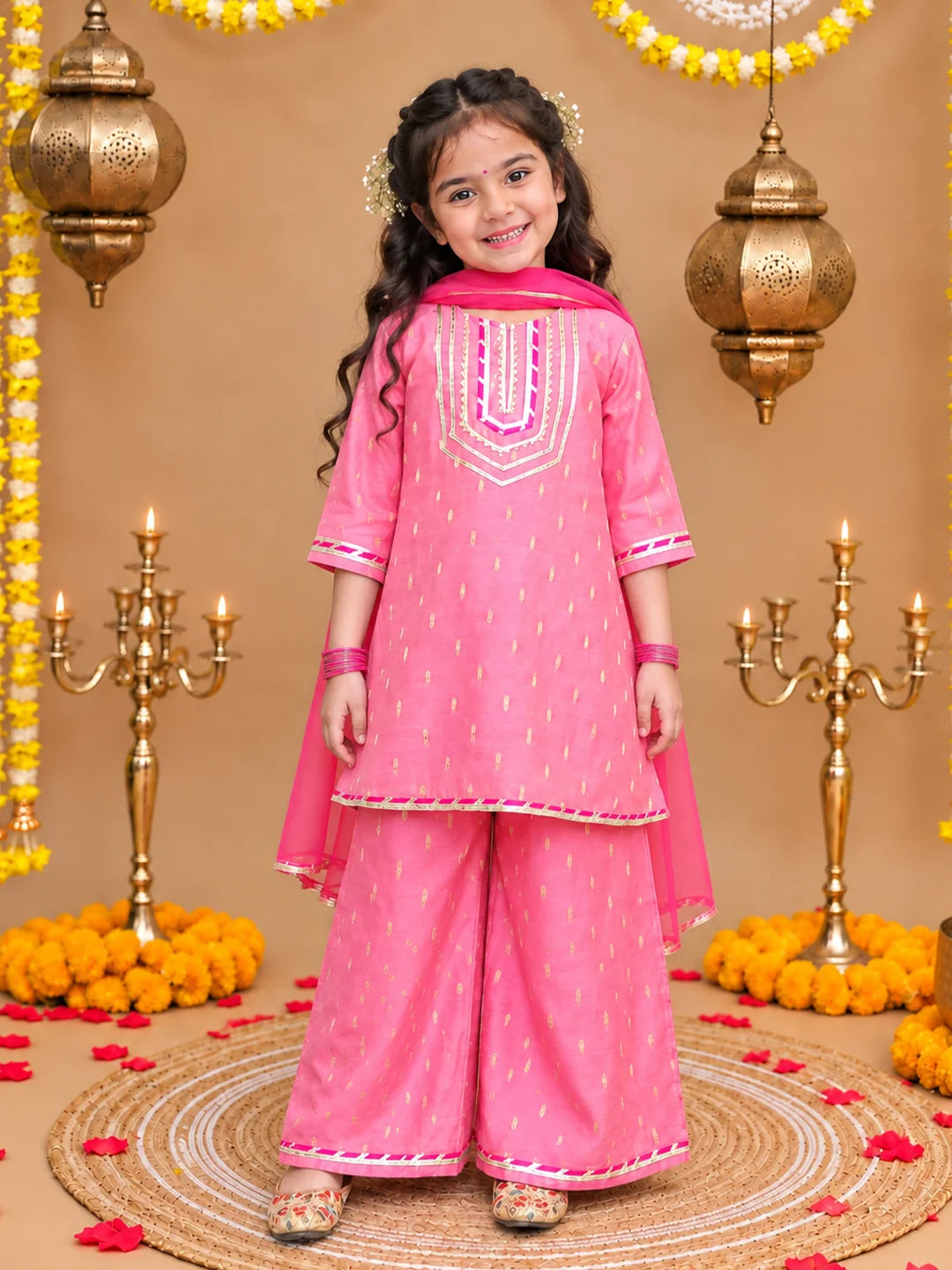 BownBee Festive 3/4th Sleeves Chanderi Kurti Palazzo with Dupatta Set For Girls