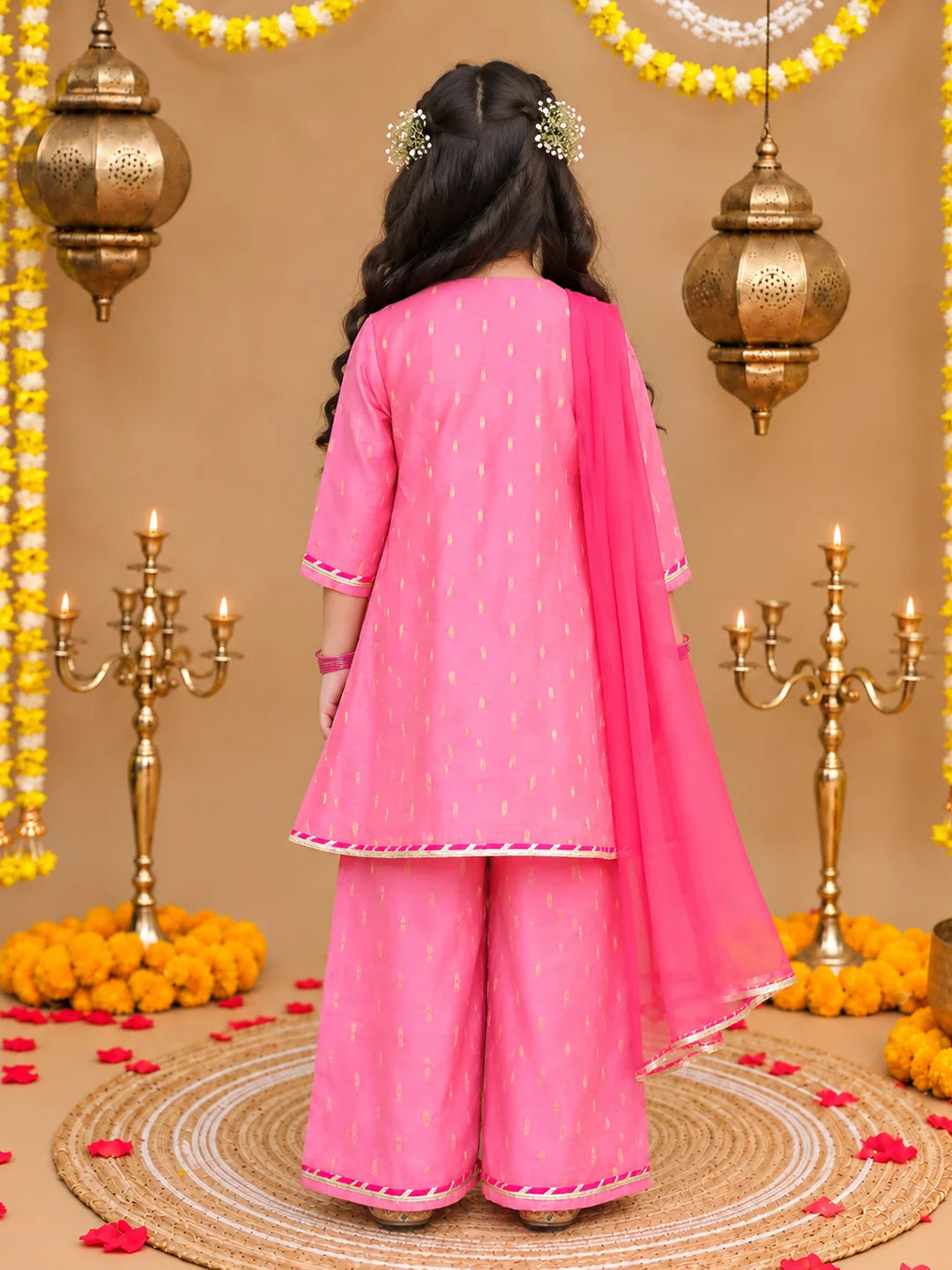 BownBee Festive 3/4th Sleeves Chanderi Kurti Palazzo with Dupatta Set For Girls