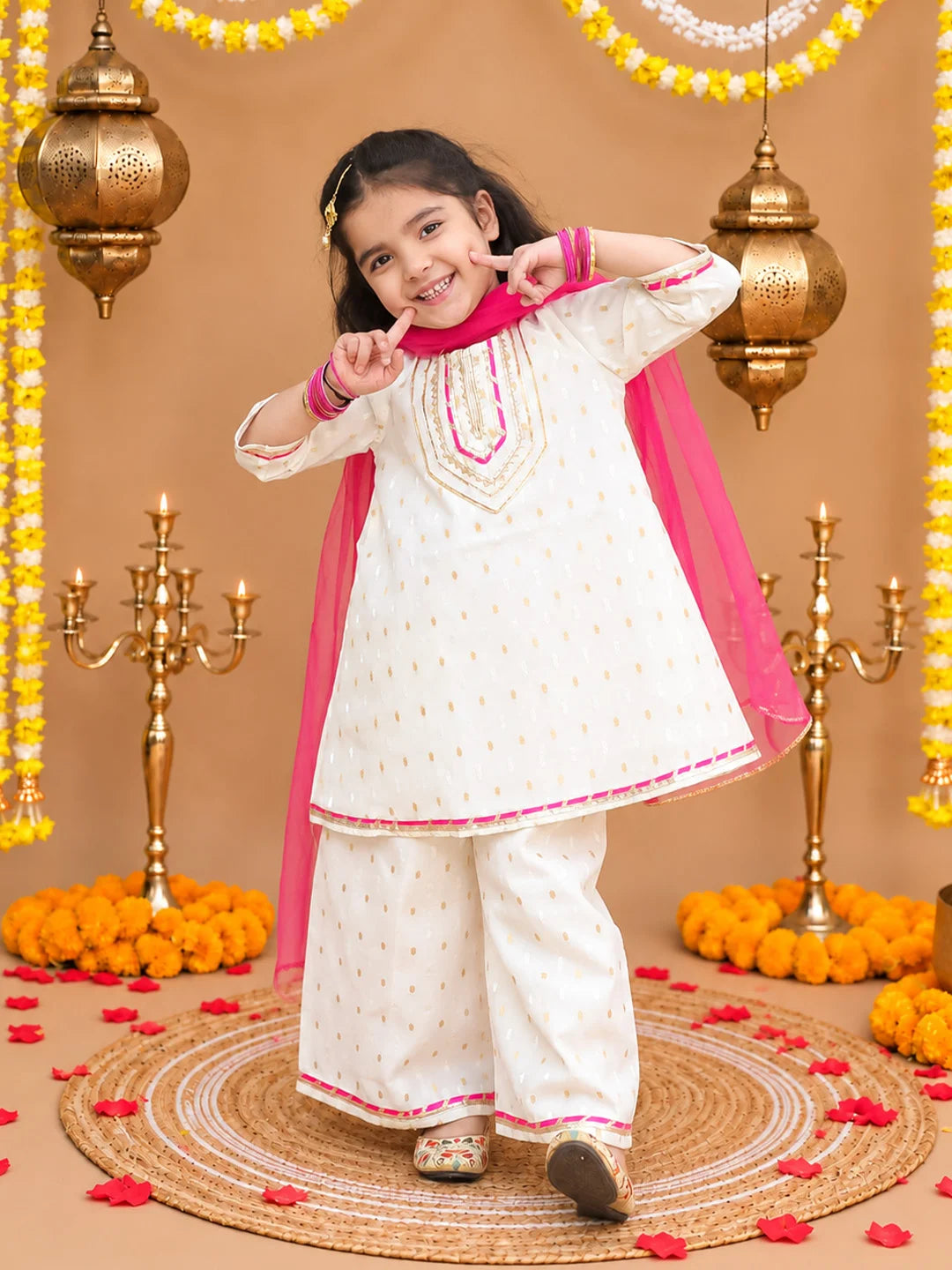 BownBee Festive 3/4th Sleeves Chanderi Kurti Palazzo with Dupatta Set For Girls