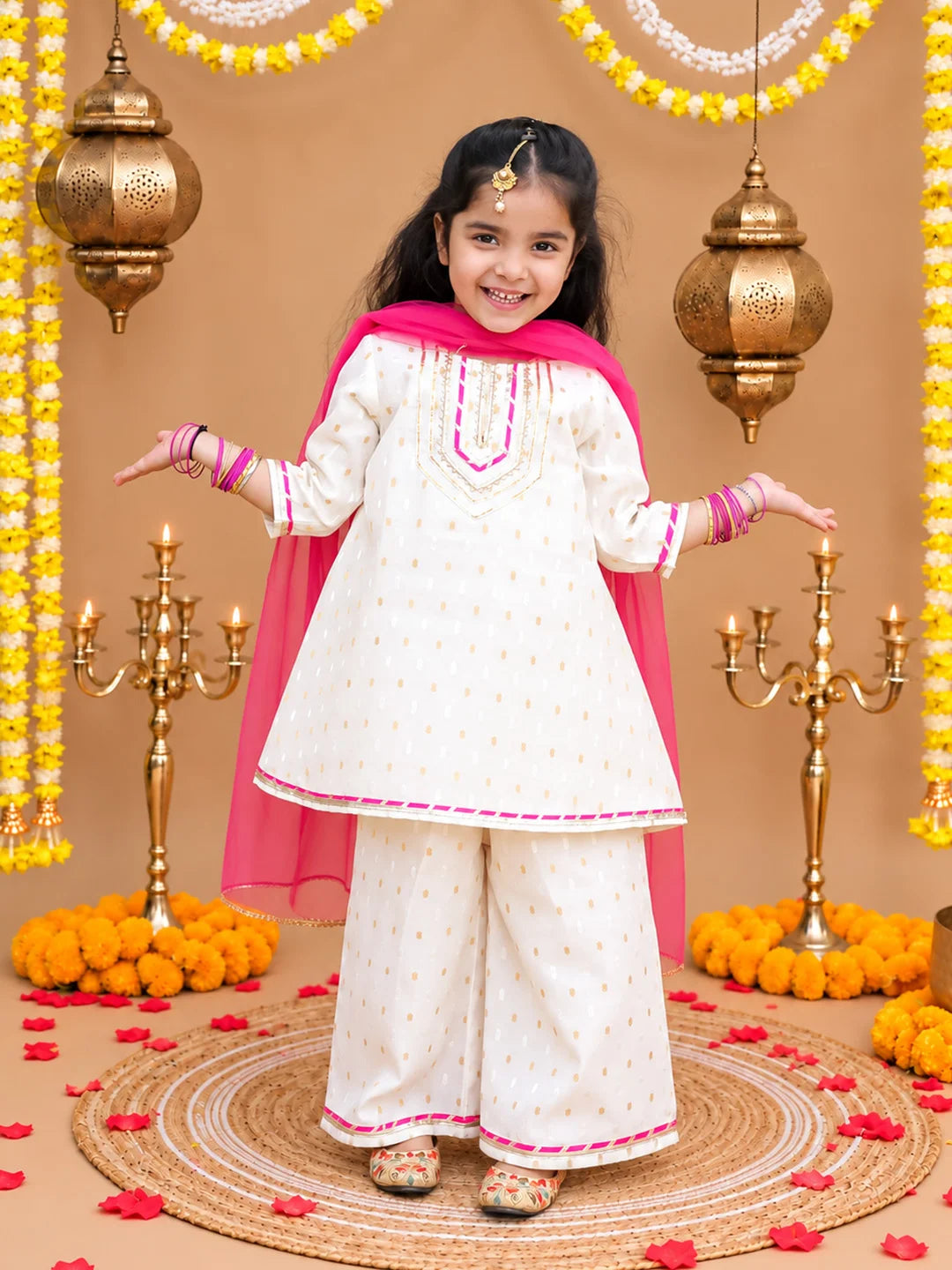 BownBee Festive 3/4th Sleeves Chanderi Kurti Palazzo with Dupatta Set For Girls