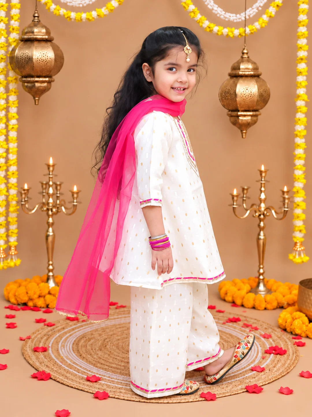 BownBee Festive 3/4th Sleeves Chanderi Kurti Palazzo with Dupatta Set For Girls