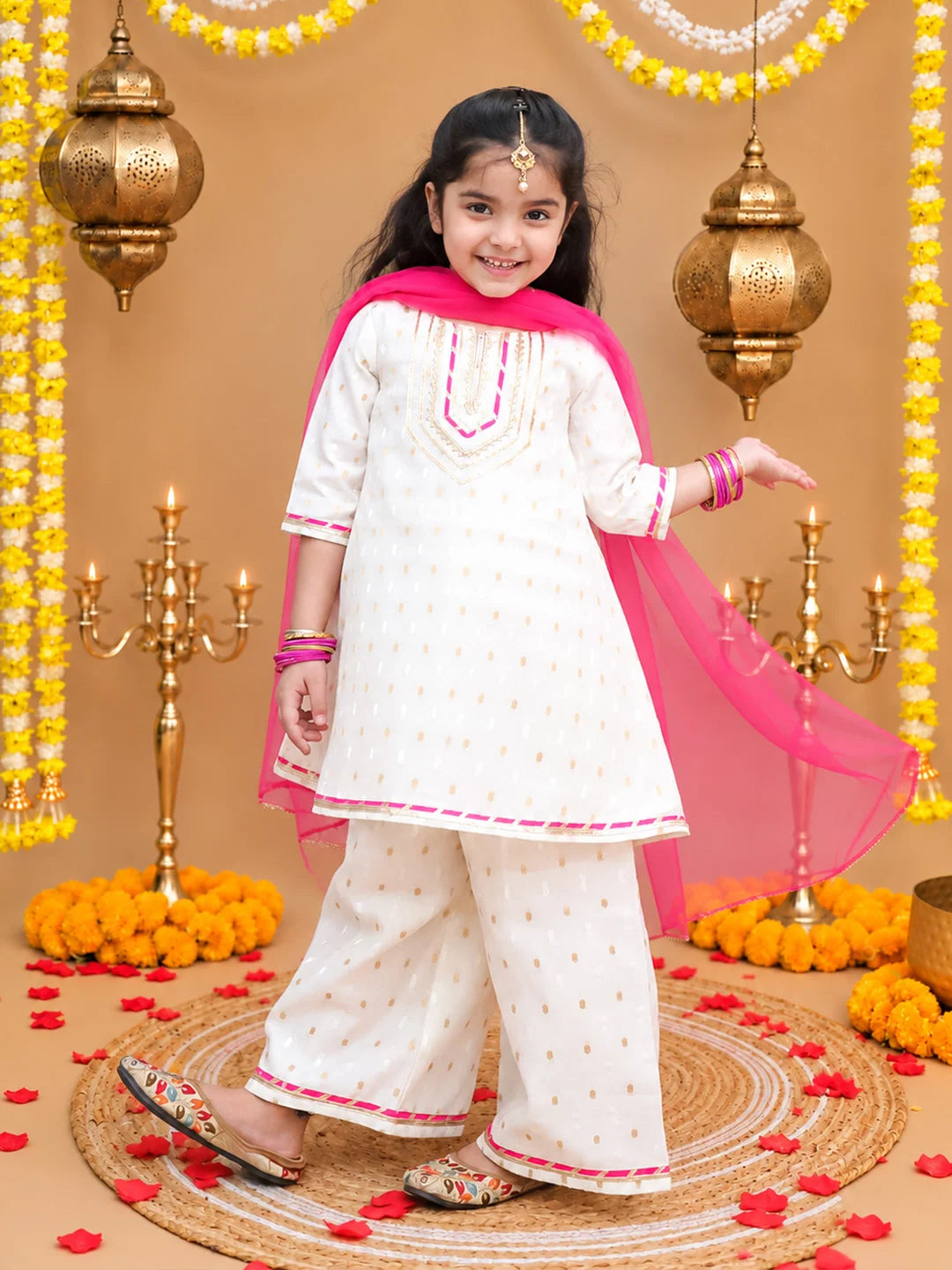 BownBee Festive 3/4th Sleeves Chanderi Kurti Palazzo with Dupatta Set For Girls