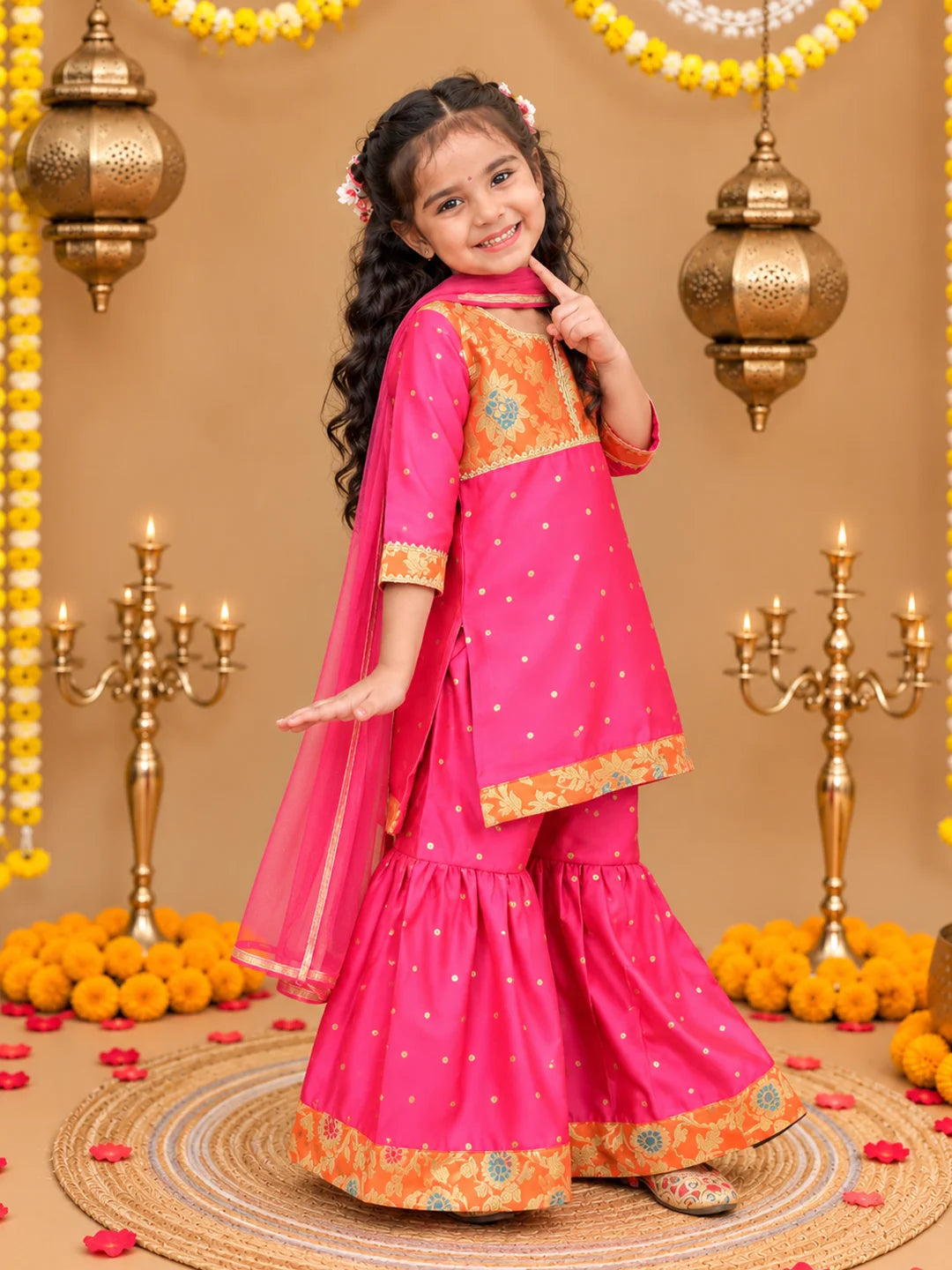 BownBee Festive 3/4th Sleeves Taffeta Sharara Suit with Dupatta Set For Girls