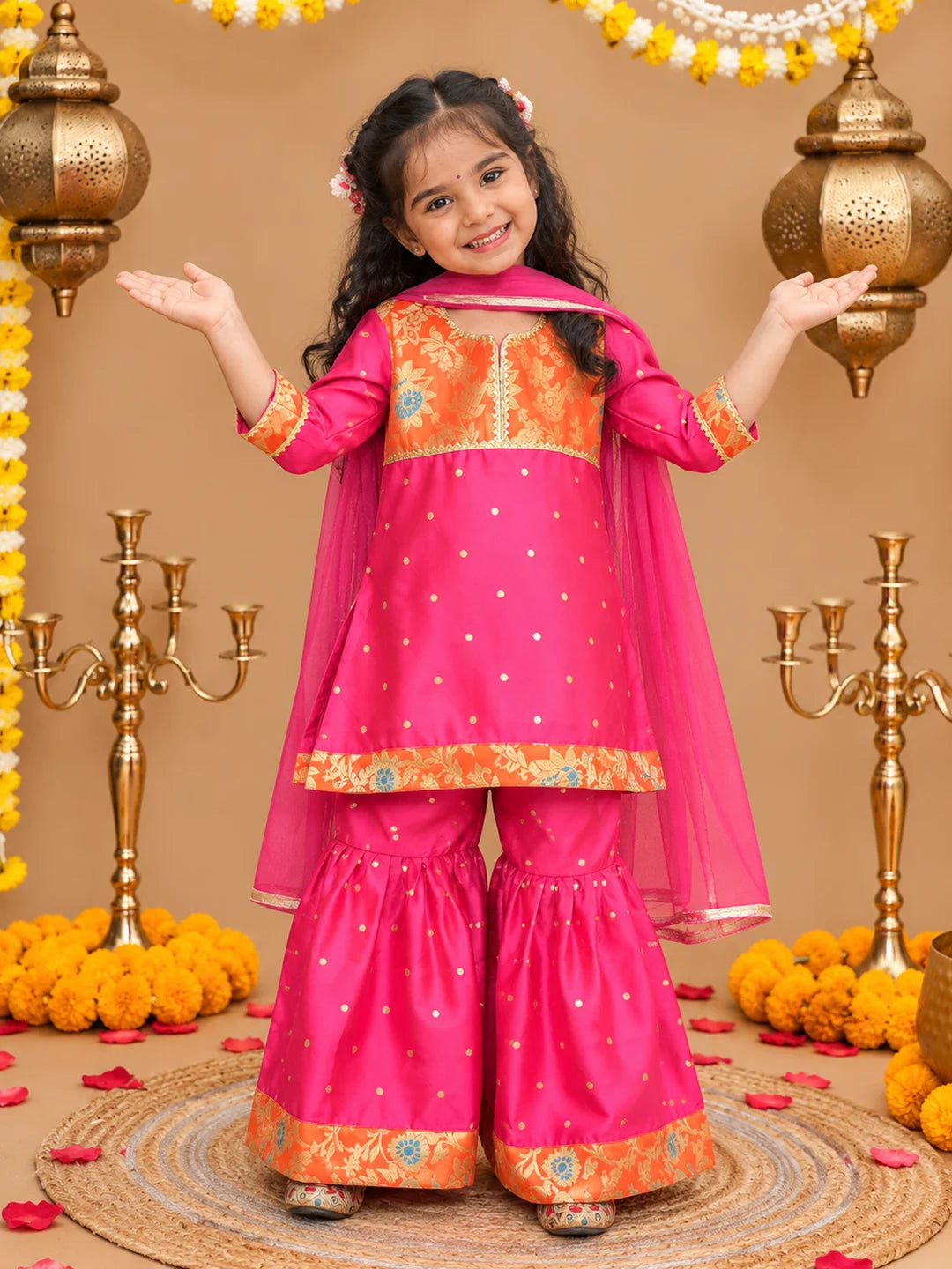 Bownbee Festive Taffeta Kurta Pajama & Ethnic Suit with Dupatta Sibling Set