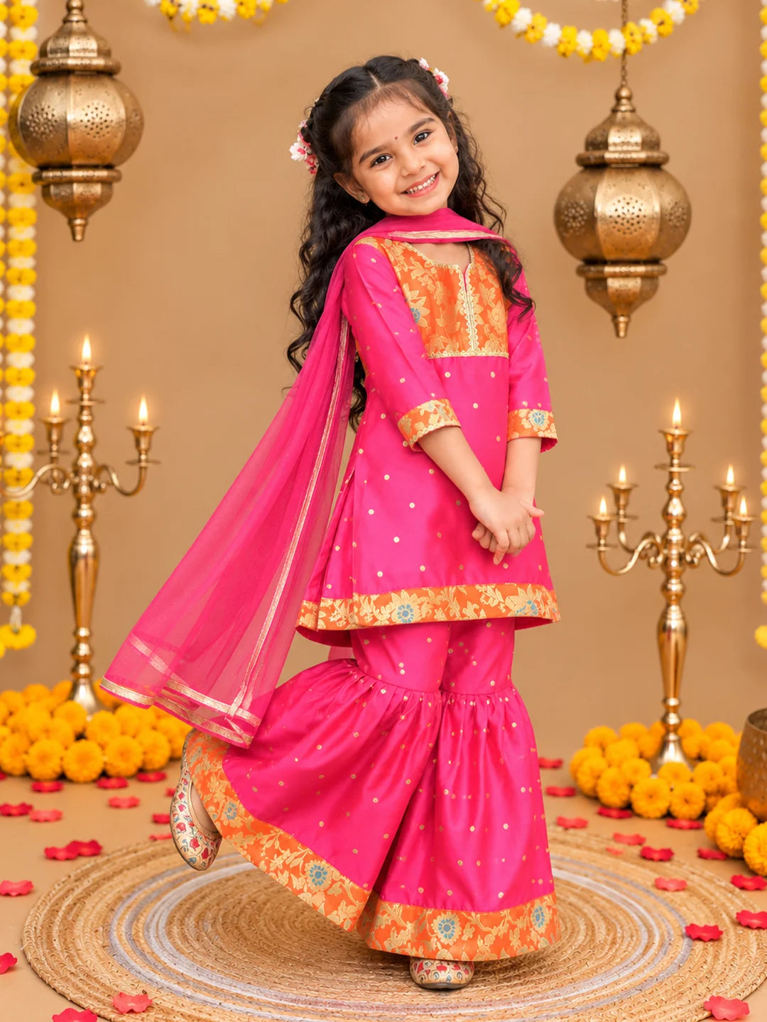BownBee Festive 3/4th Sleeves Taffeta Sharara Suit with Dupatta Set For Girls