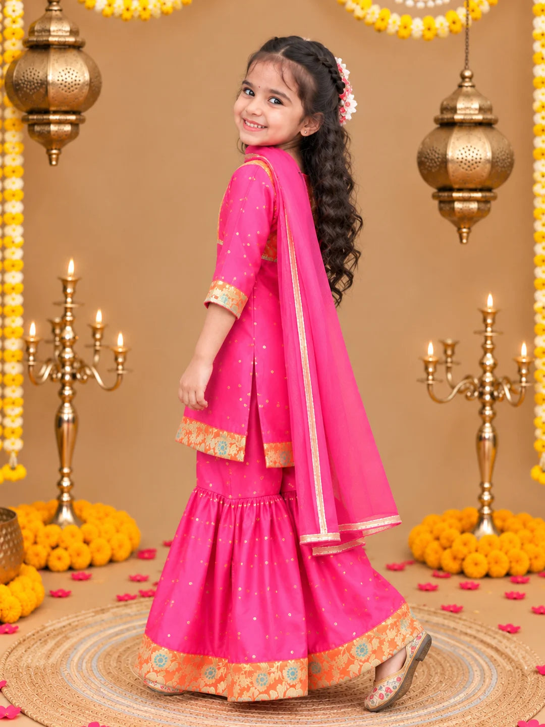BownBee Festive 3/4th Sleeves Taffeta Sharara Suit with Dupatta Set For Girls