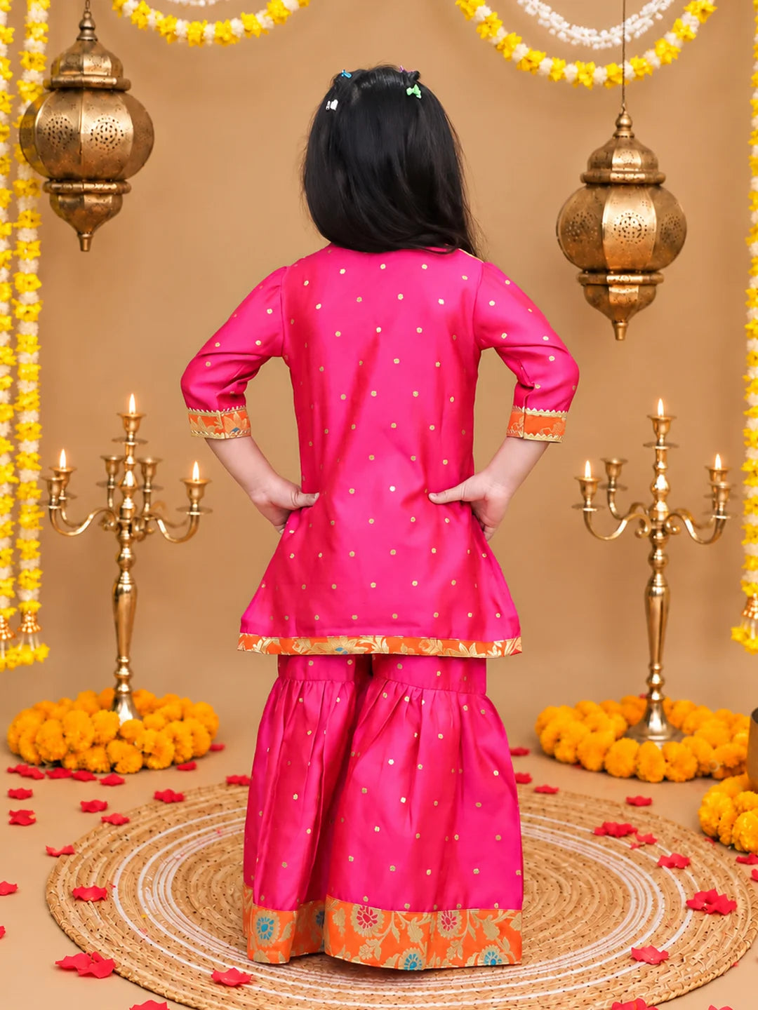 BownBee Festive 3/4th Sleeves Taffeta Sharara Suit with Dupatta Set For Girls