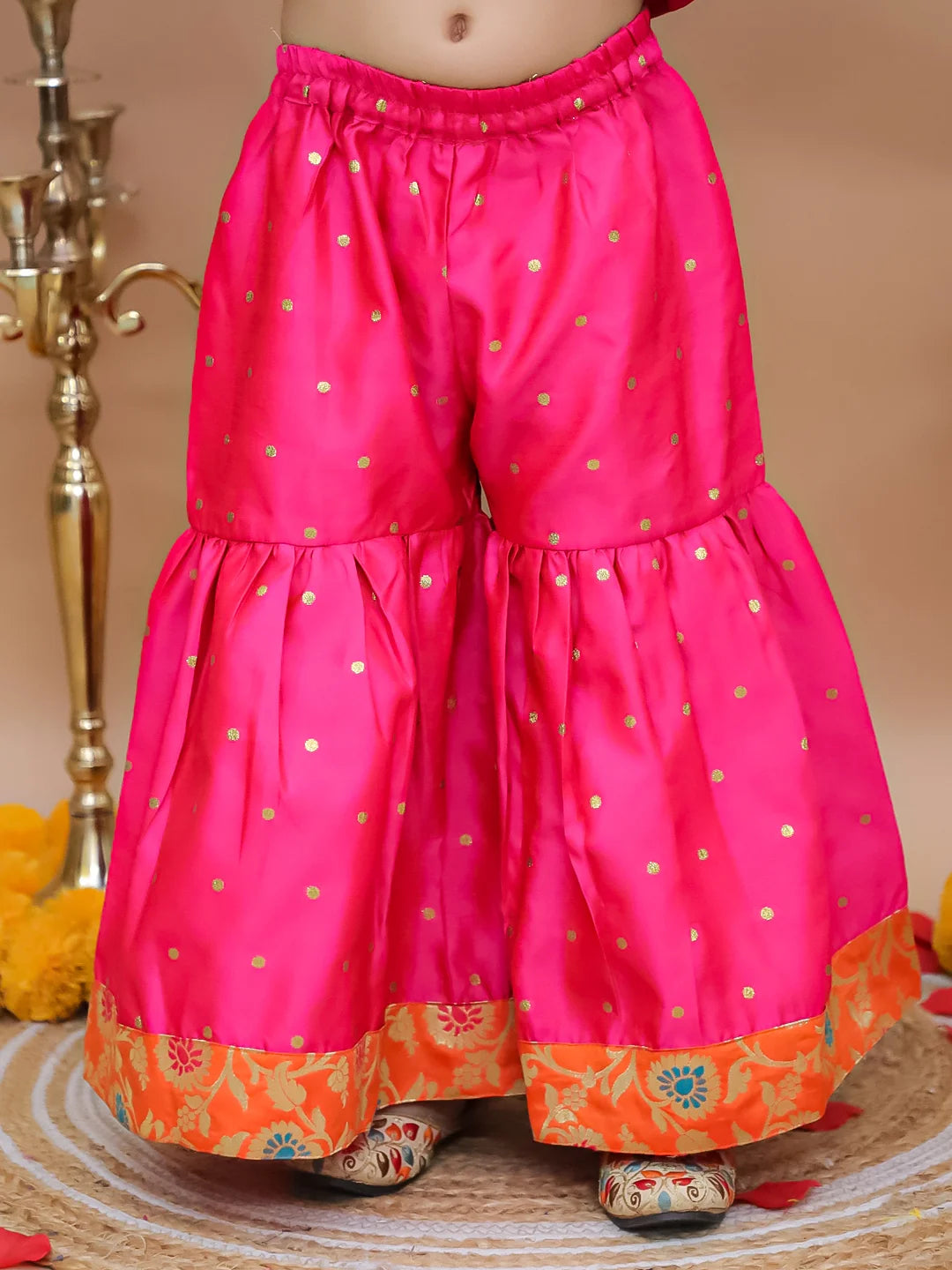 BownBee Festive 3/4th Sleeves Taffeta Sharara Suit with Dupatta Set For Girls