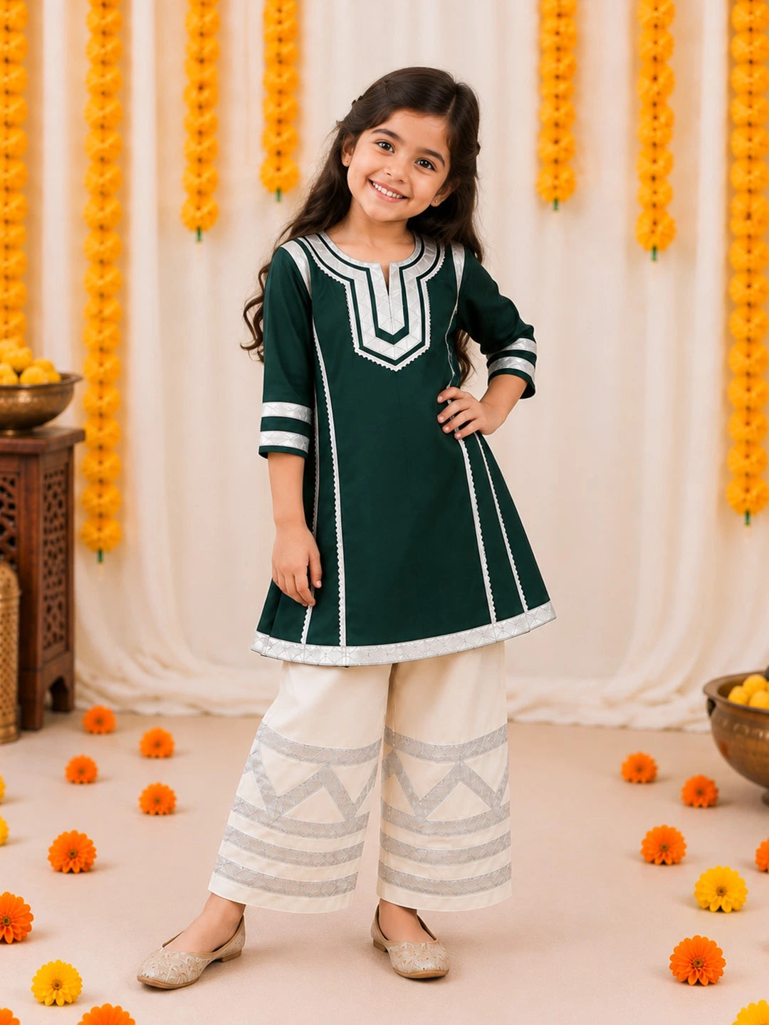 BownBee Mother And Daughter Festive Ethnic Suit Combo - Green