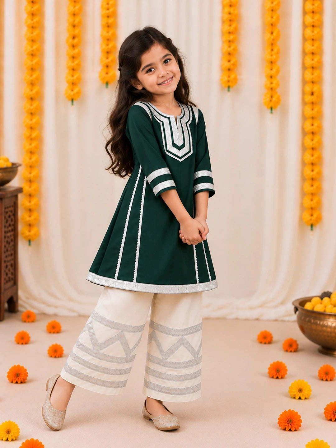 BownBee Mother And Daughter Festive Ethnic Suit Combo - Green