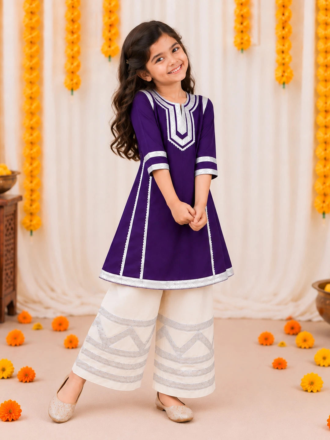 BownBee Mother And Daughter Festive Ethnic Suit Combo - Purple