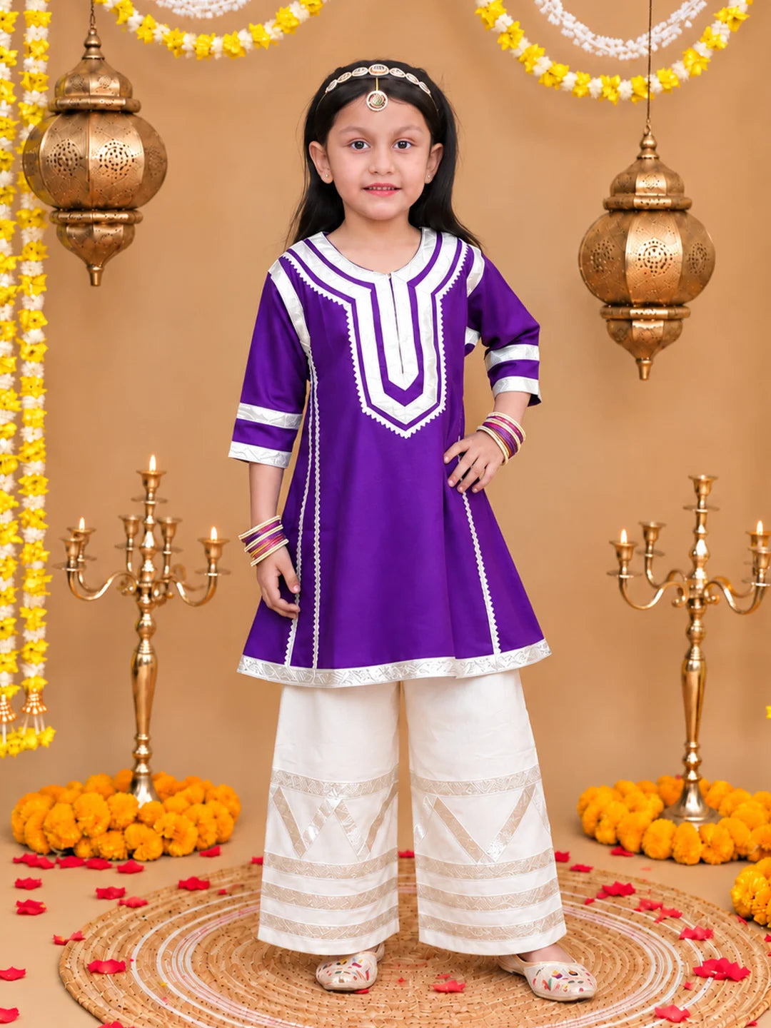 BownBee Festive 3/4th Sleeves Suit With Palazzo Set For Girls