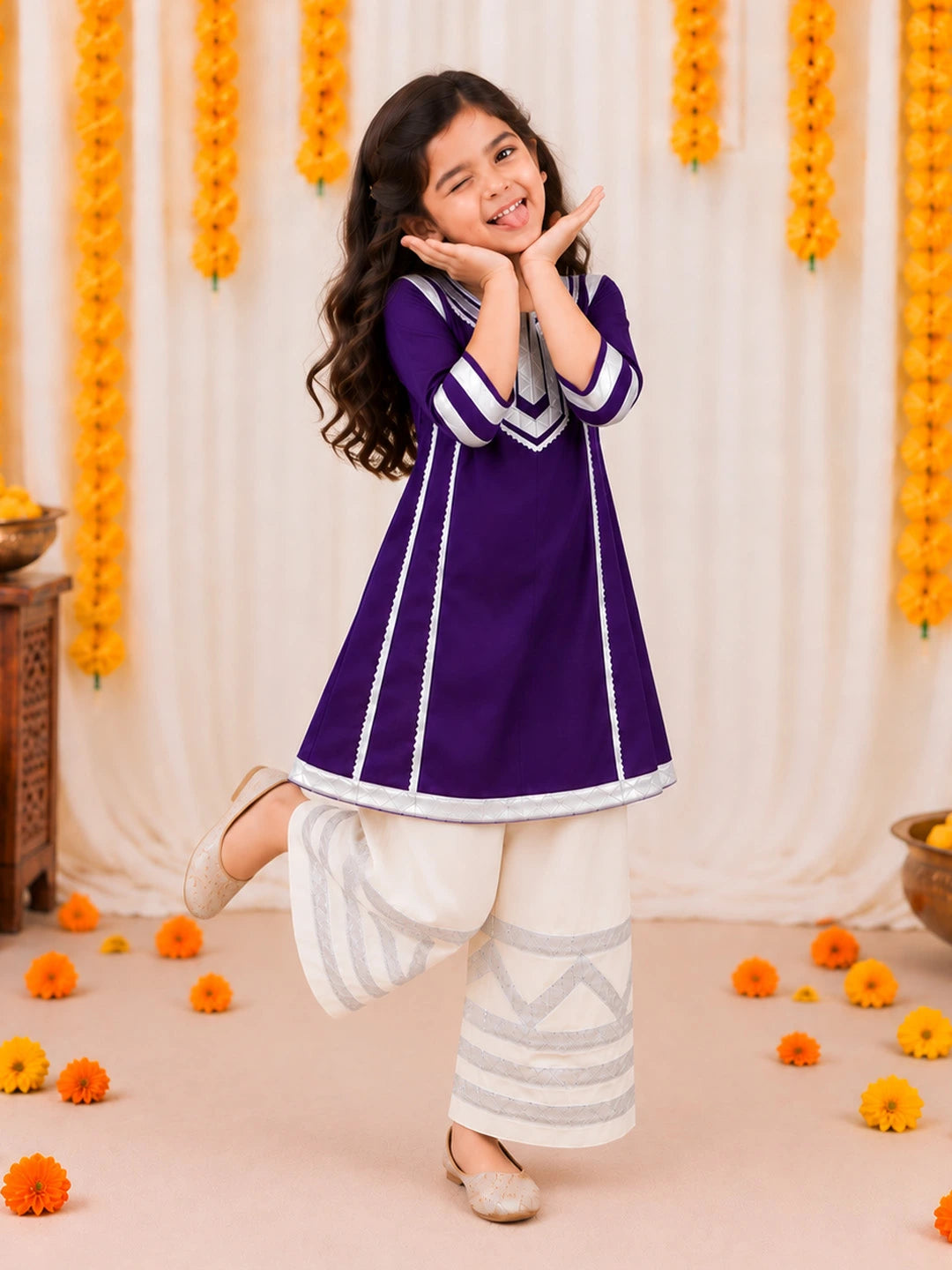 BownBee Mother And Daughter Festive Ethnic Suit Combo - Purple