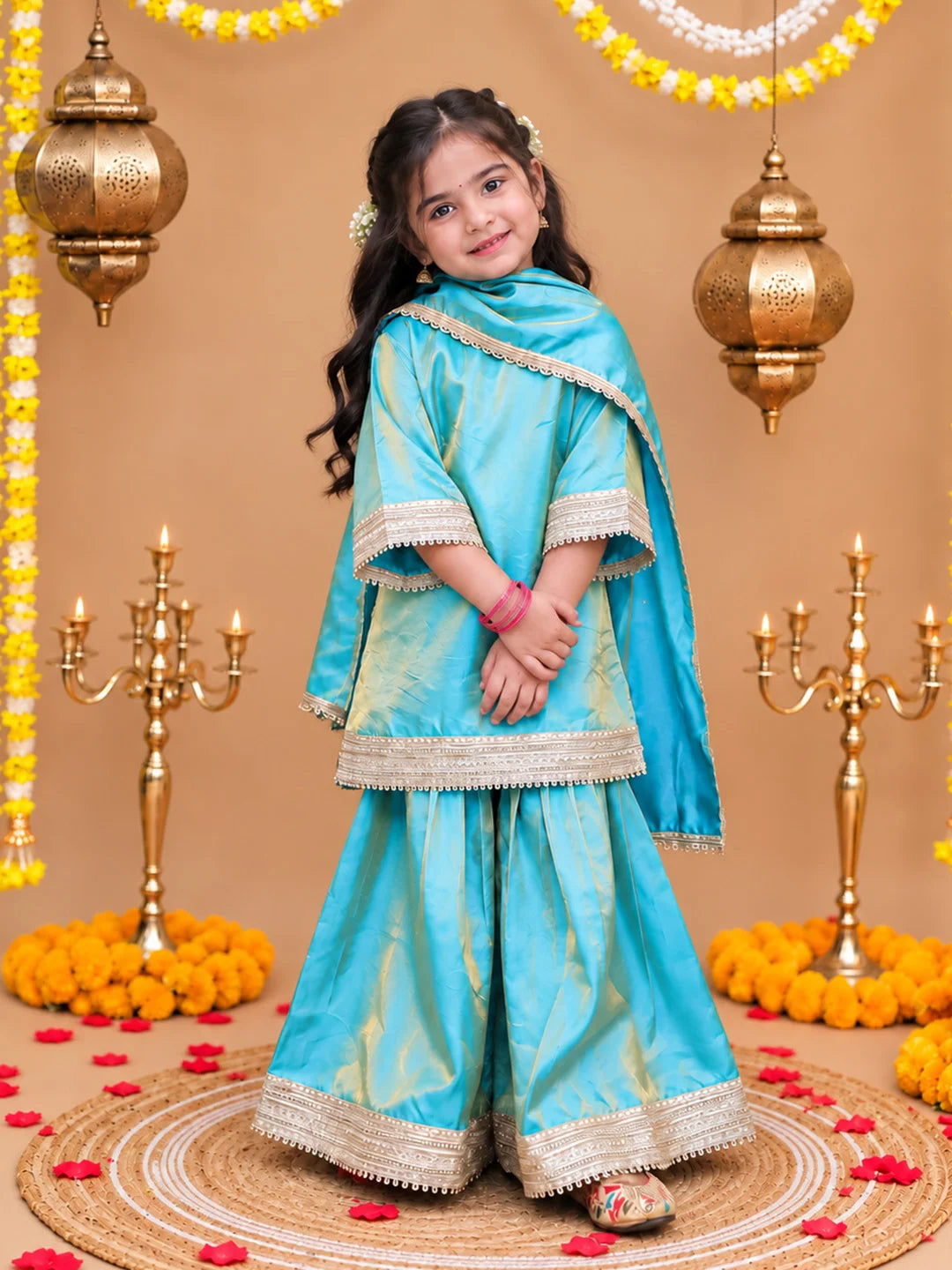 Bownbee Festive Two Toned Kurta Pajama & Ethnic Suit With Dupatta Sibling Set