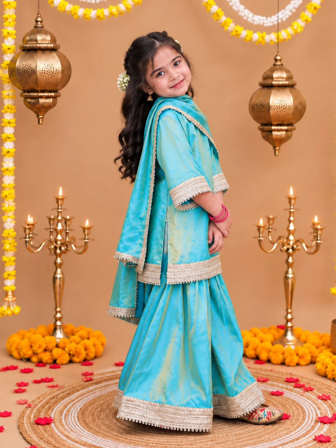 BownBee Two toned Festive 3/4th Bell Sleeves Kurti Sharara with Dupatta Set For Girls