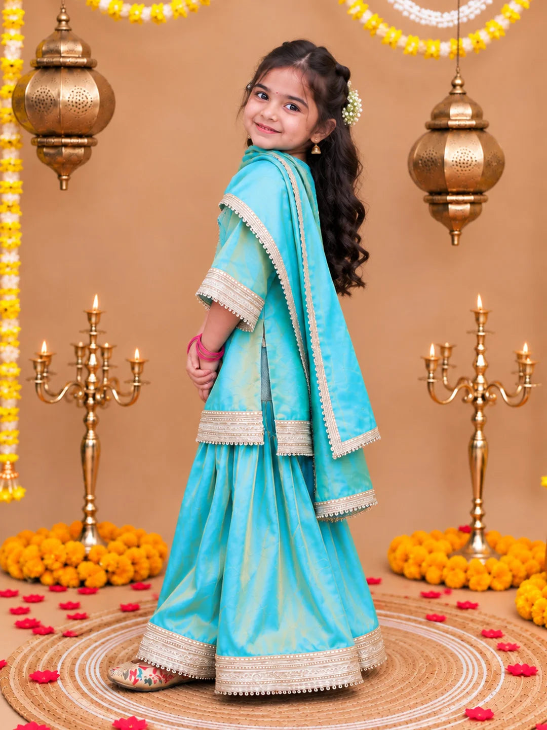 BownBee Two toned Festive 3/4th Bell Sleeves Kurti Sharara with Dupatta Set For Girls