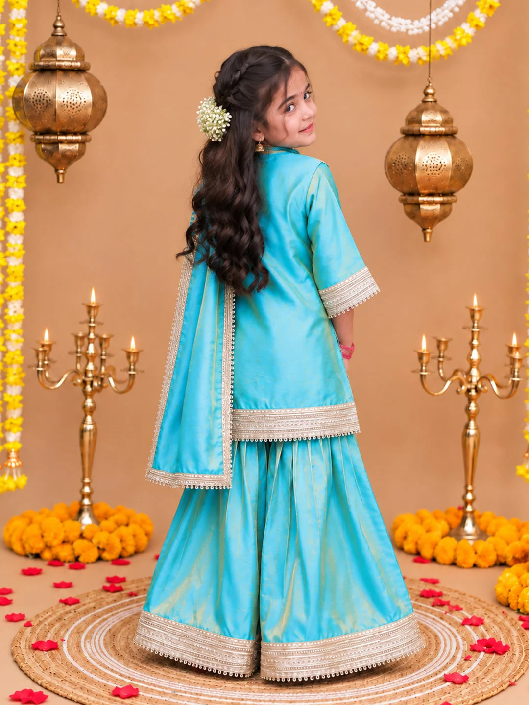 BownBee Two toned Festive 3/4th Bell Sleeves Kurti Sharara with Dupatta Set For Girls