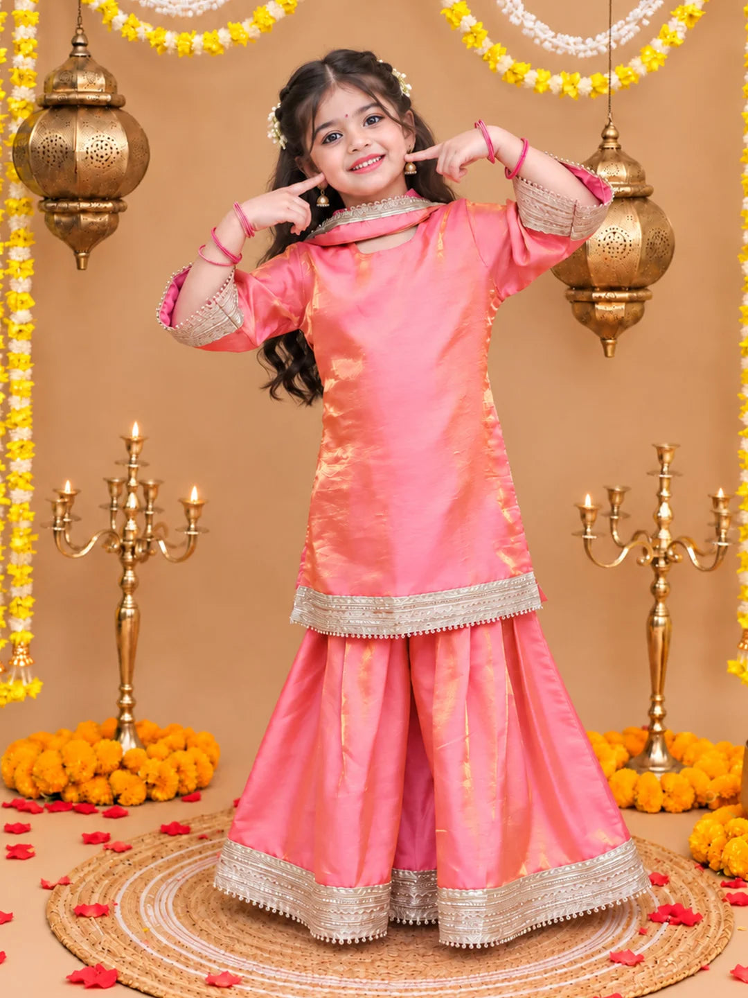BownBee Two toned Festive 3/4th Bell Sleeves Kurti Sharara with Dupatta Set For Girls