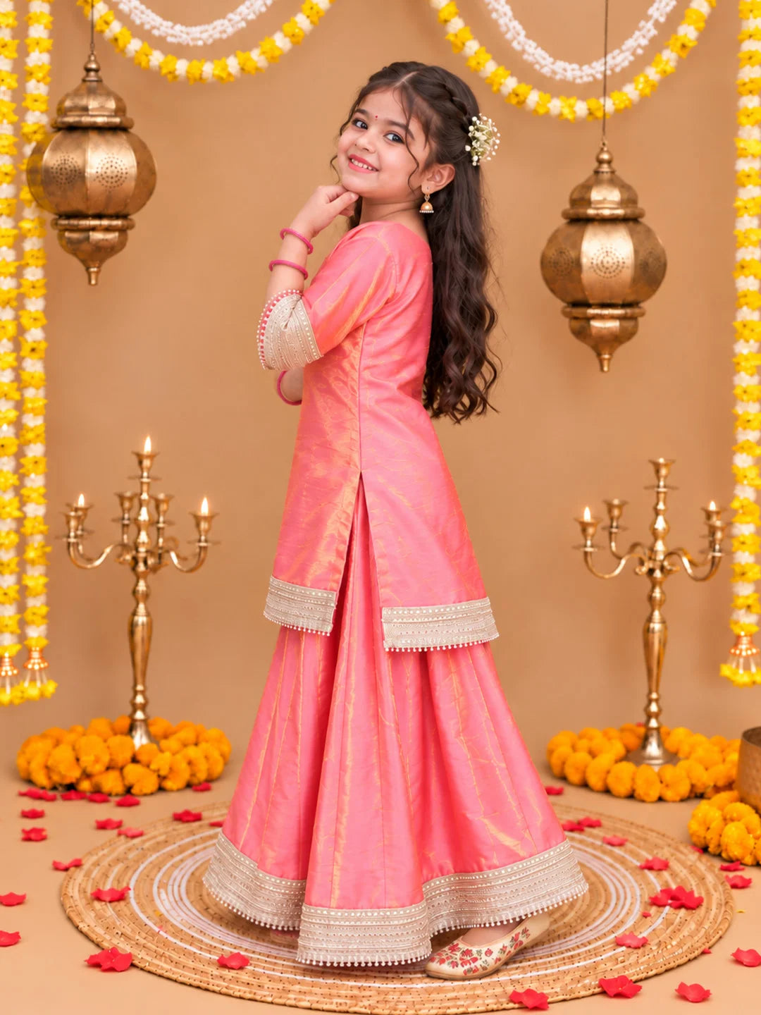 BownBee Two toned Festive 3/4th Bell Sleeves Kurti Sharara with Dupatta Set For Girls