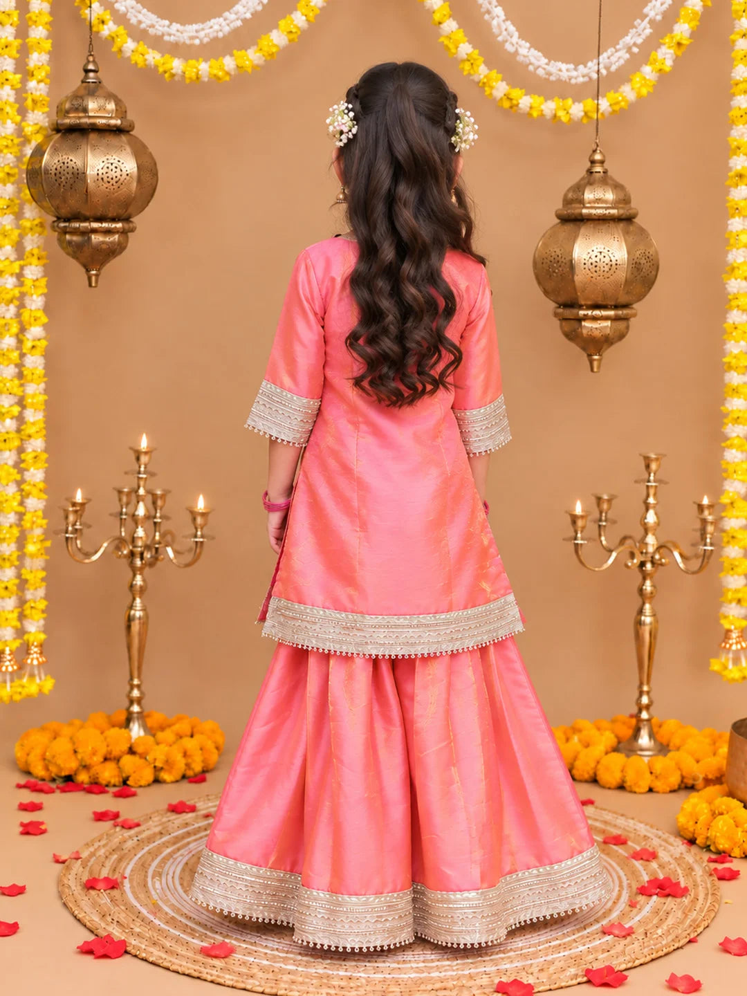 BownBee Two toned Festive 3/4th Bell Sleeves Kurti Sharara with Dupatta Set For Girls