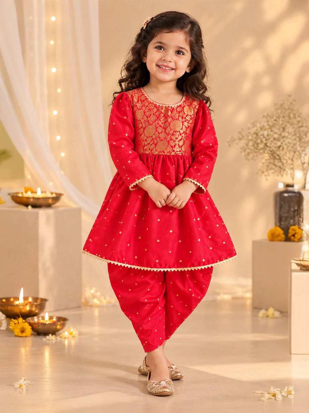 BownBee Festive Kurta Pajama With Jaquard Jacket & Ethnic Suit Sibling Set