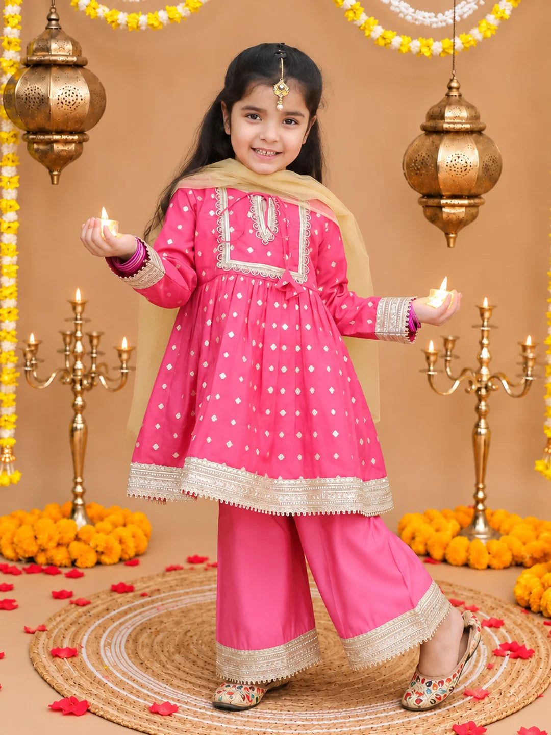 Bownbee Festive Full Sleeves Chanderi Ethnic Suit Set For Girls
