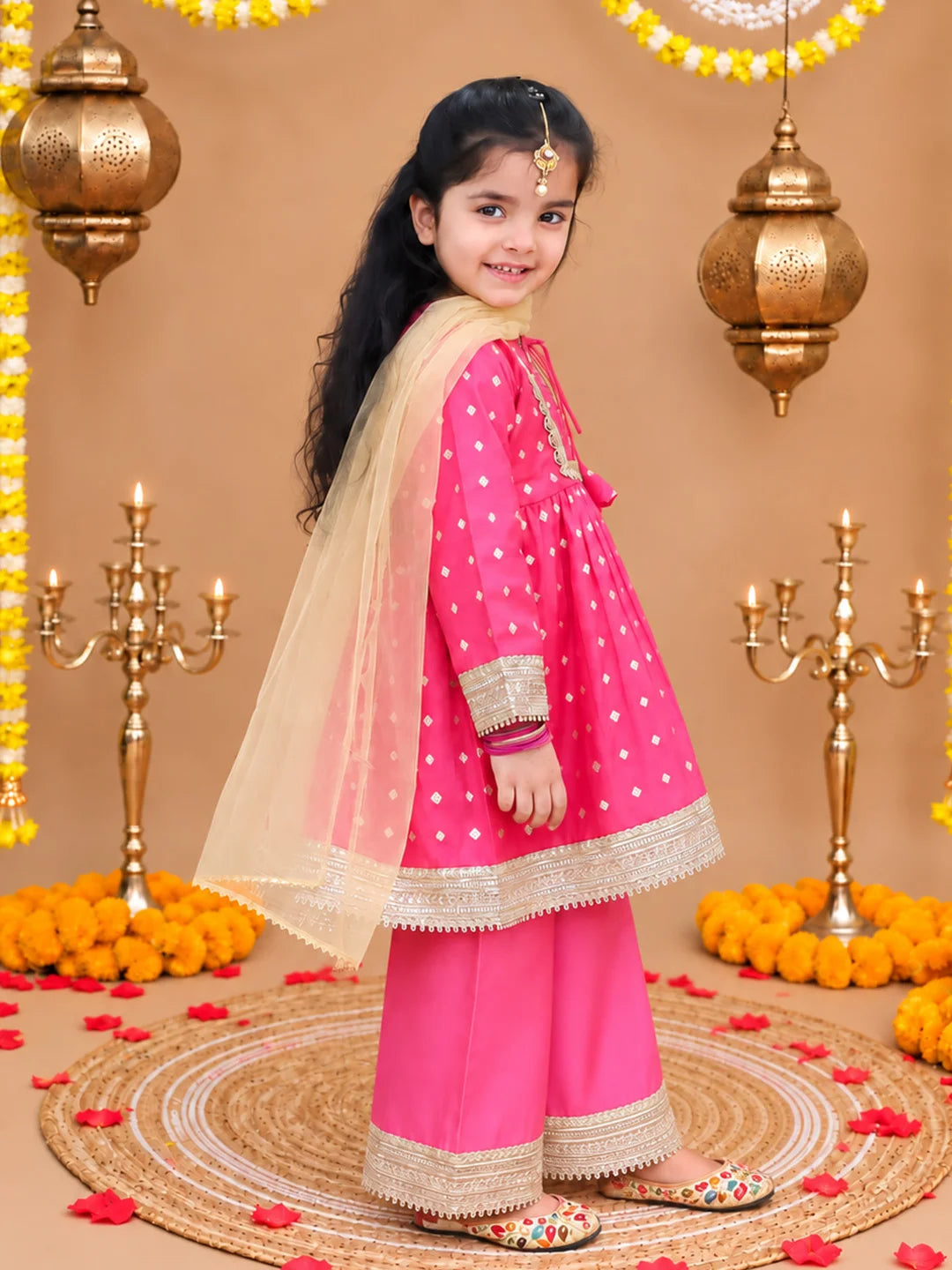 Bownbee Festive Full Sleeves Chanderi Ethnic Suit Set For Girls