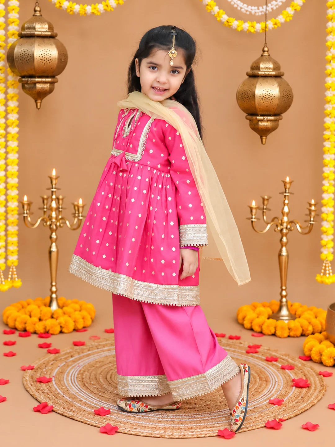 Bownbee Festive Full Sleeves Chanderi Ethnic Suit Set For Girls