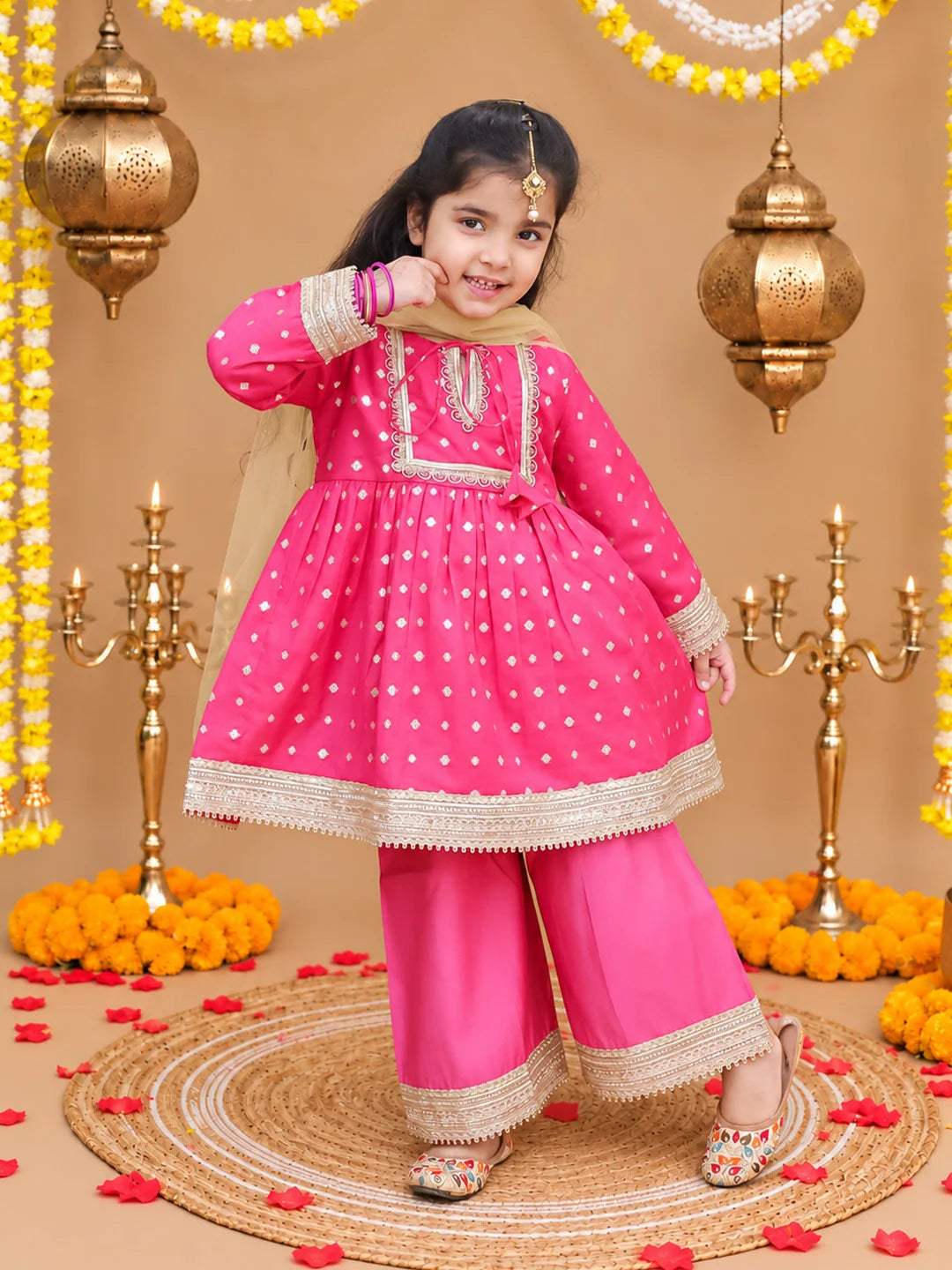 Bownbee Festive Full Sleeves Chanderi Ethnic Suit Set For Girls