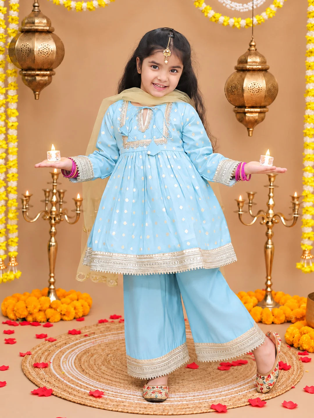 Bownbee Festive Full Sleeves Chanderi Ethnic Suit Set For Girls