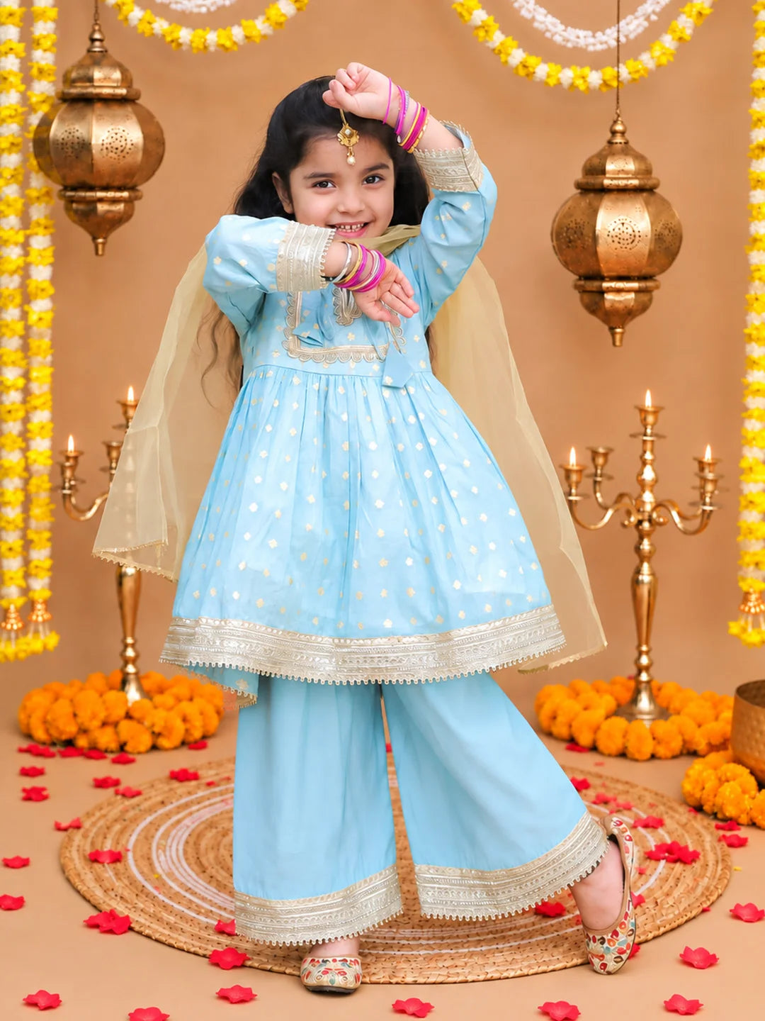 Bownbee Festive Full Sleeves Chanderi Ethnic Suit Set For Girls