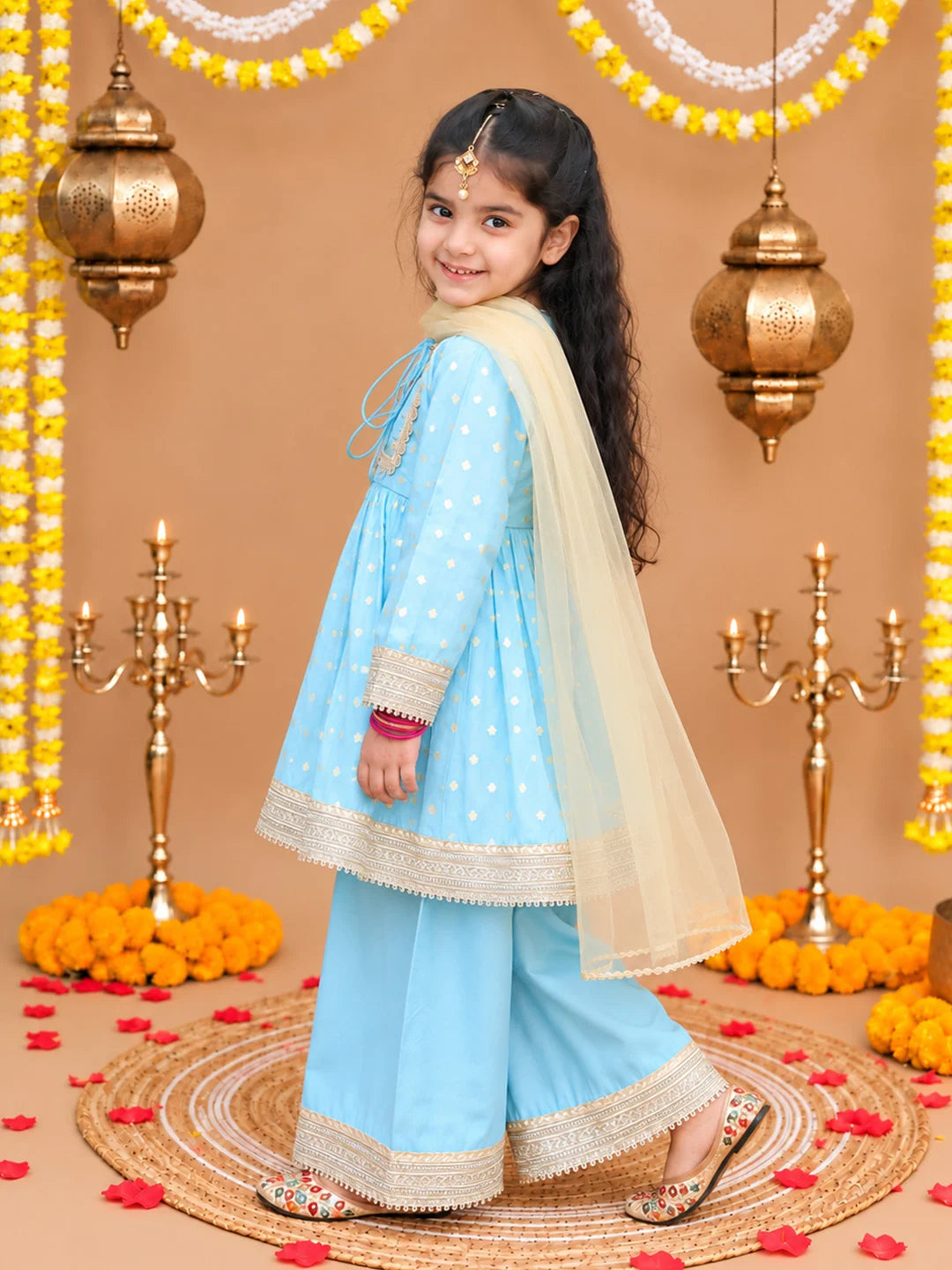 Bownbee Festive Full Sleeves Chanderi Ethnic Suit Set For Girls