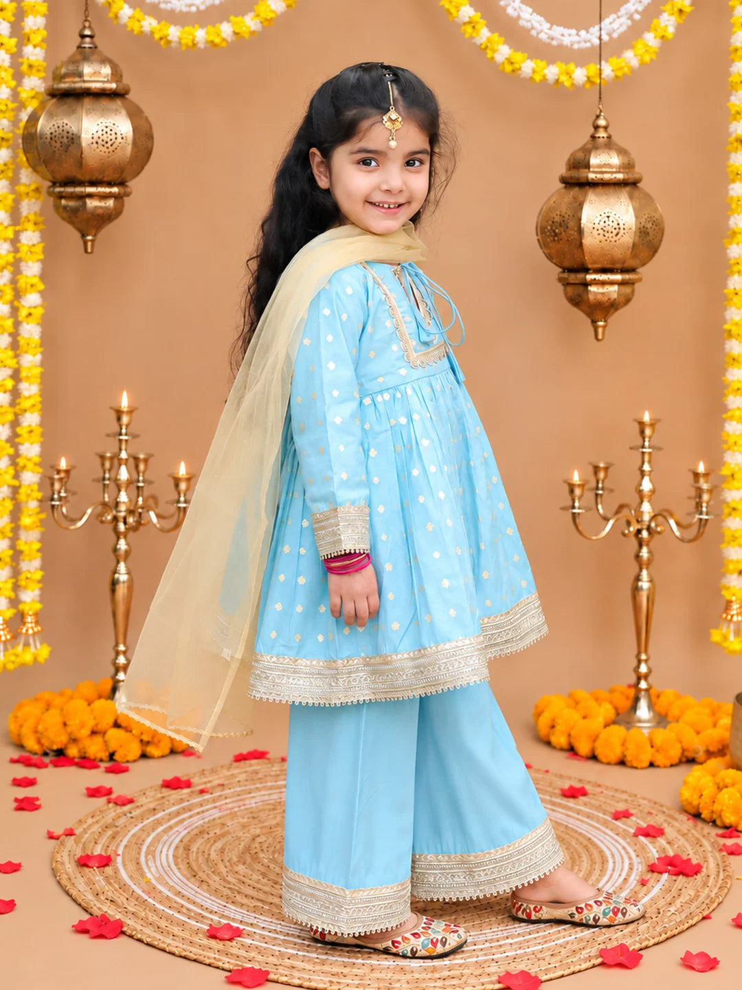 Bownbee Festive Full Sleeves Chanderi Ethnic Suit Set For Girls