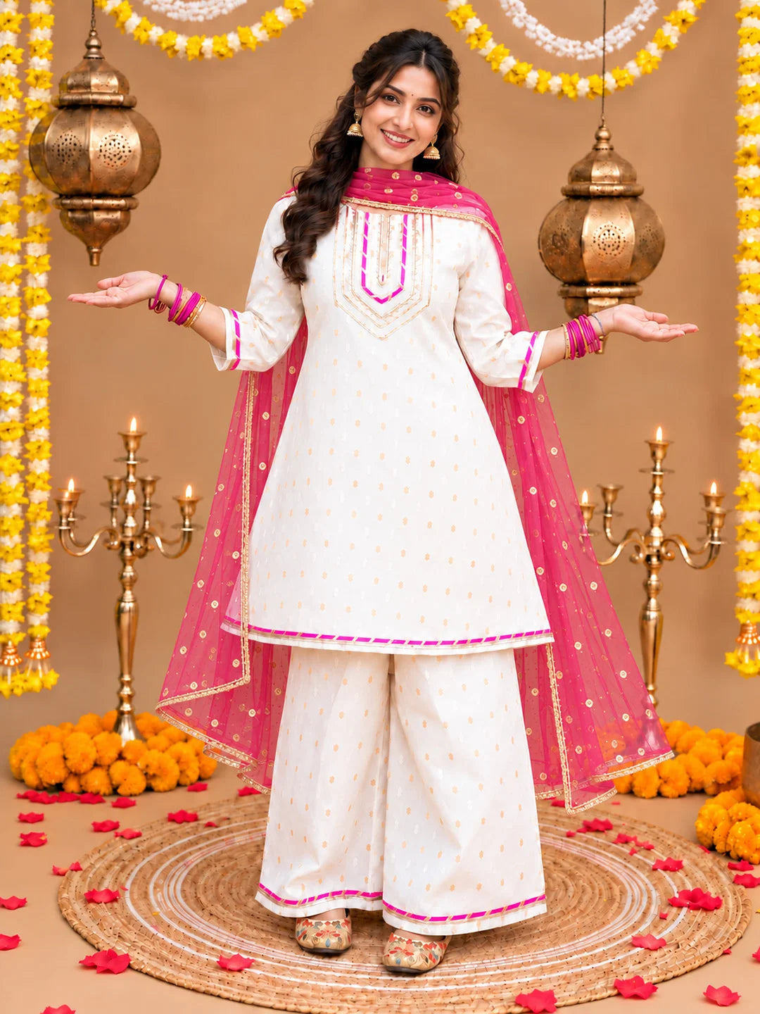 BownBee Festive 3/4th Sleeves Chanderi Bootie Kurti Palazzo with Dupatta Set For Women