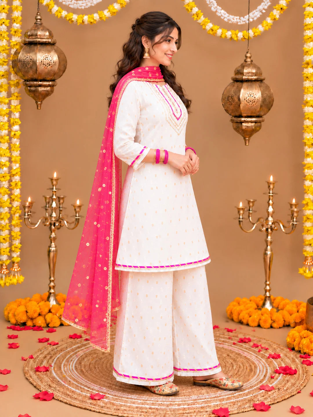 BownBee Festive 3/4th Sleeves Chanderi Bootie Kurti Palazzo with Dupatta Set For Women