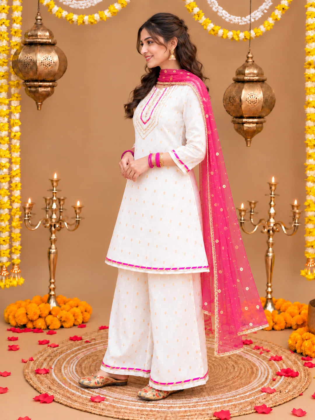 BownBee Festive 3/4th Sleeves Chanderi Bootie Kurti Palazzo with Dupatta Set For Women
