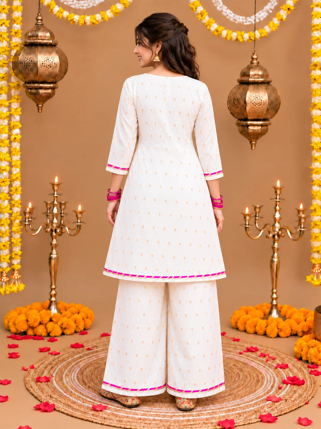 BownBee Festive 3/4th Sleeves Chanderi Bootie Kurti Palazzo with Dupatta Set For Women