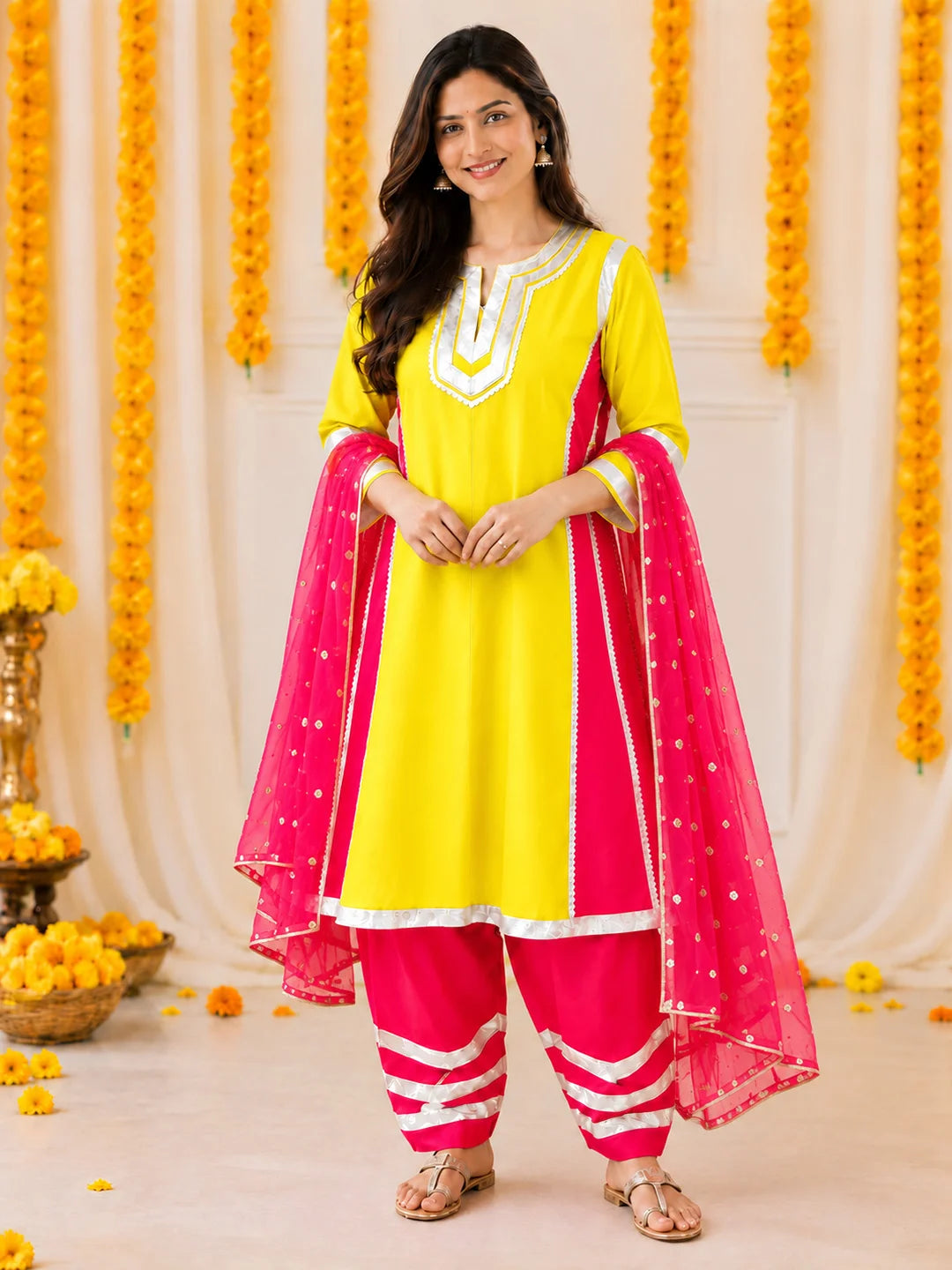 BownBee Festive 3/4th Sleeves Jam Cotton Suit & Salwar With Dupatta Set For Women