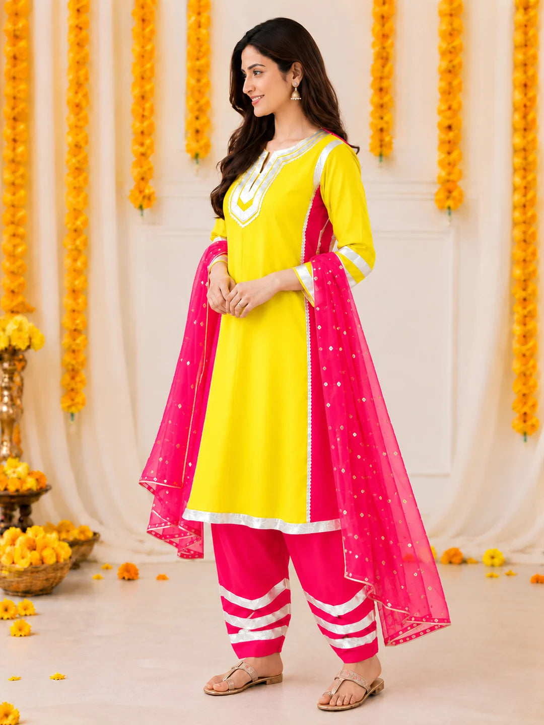 BownBee Festive 3/4th Sleeves Jam Cotton Suit & Salwar With Dupatta Set For Women