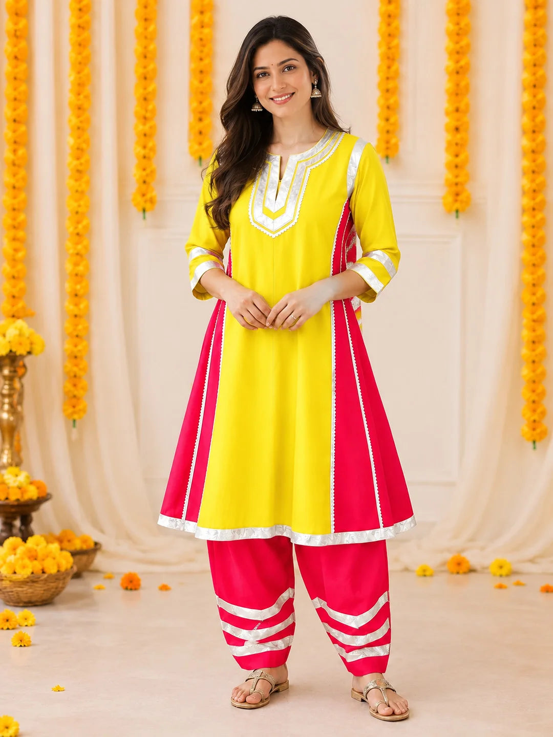 BownBee Festive 3/4th Sleeves Jam Cotton Suit & Salwar With Dupatta Set For Women