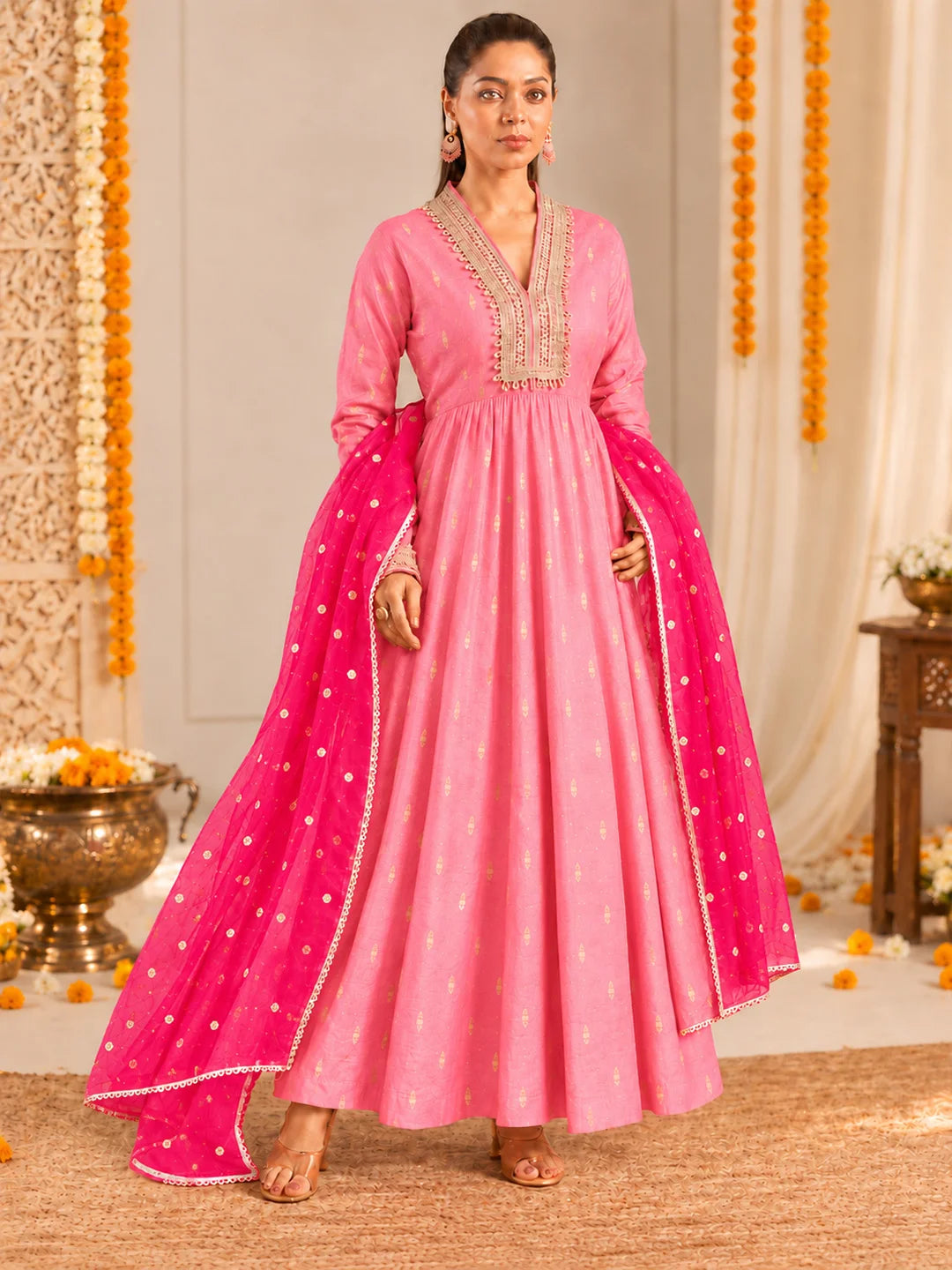 BownBee Festive Full Sleeves Chanderi Bootie Anarkali Kurti with Dupatta Set For Women