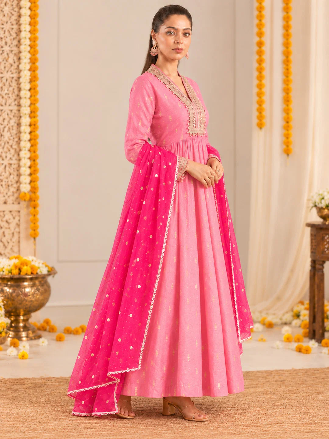BownBee Festive Full Sleeves Chanderi Bootie Anarkali Kurti with Dupatta Set For Women