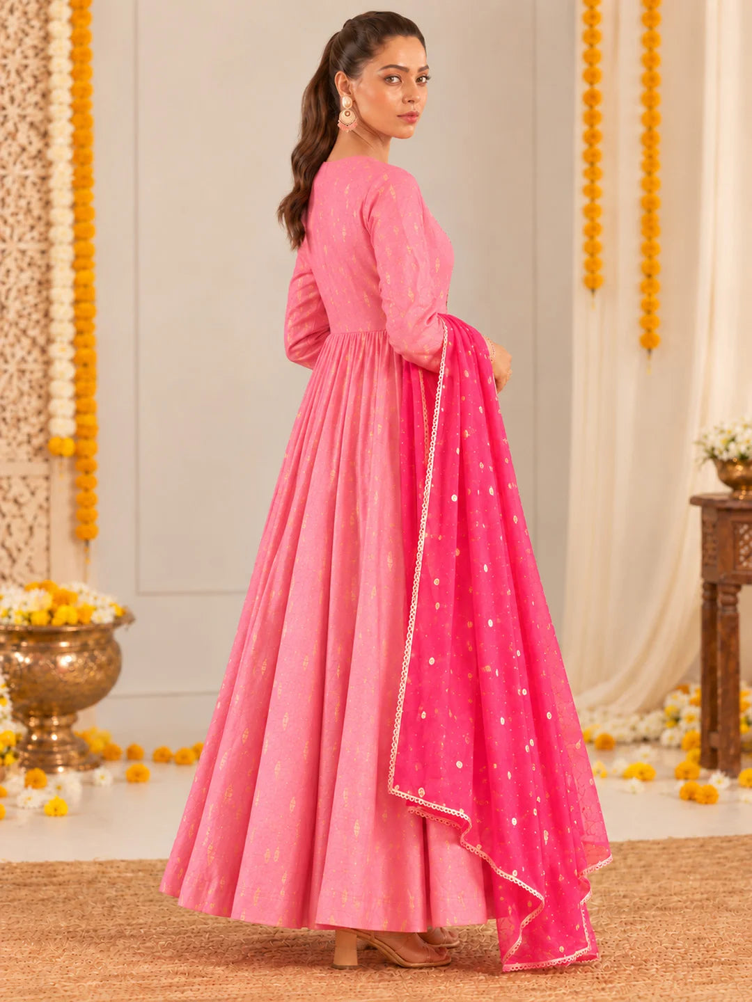 BownBee Festive Full Sleeves Chanderi Bootie Anarkali Kurti with Dupatta Set For Women