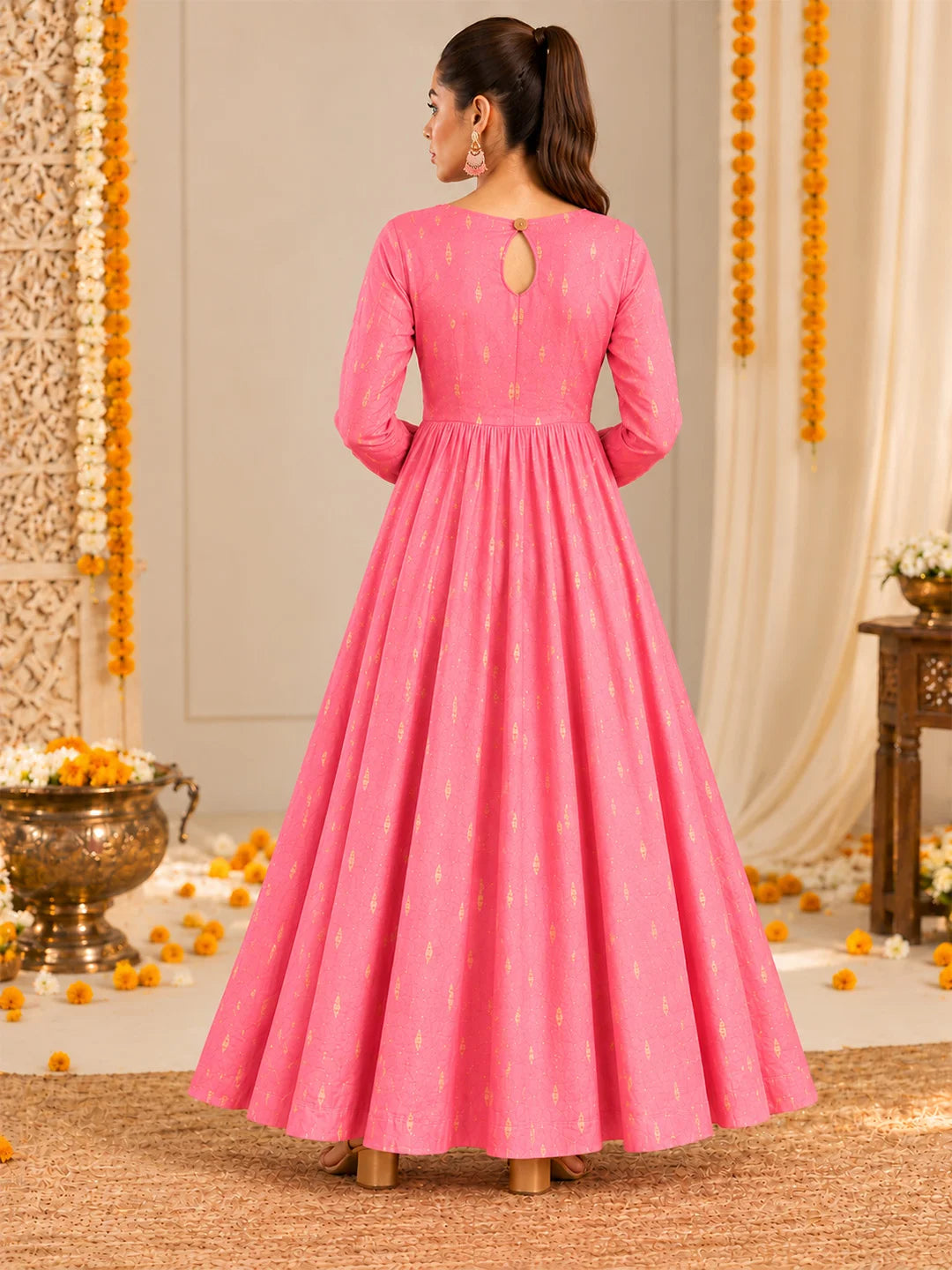 BownBee Festive Full Sleeves Chanderi Bootie Anarkali Kurti with Dupatta Set For Women