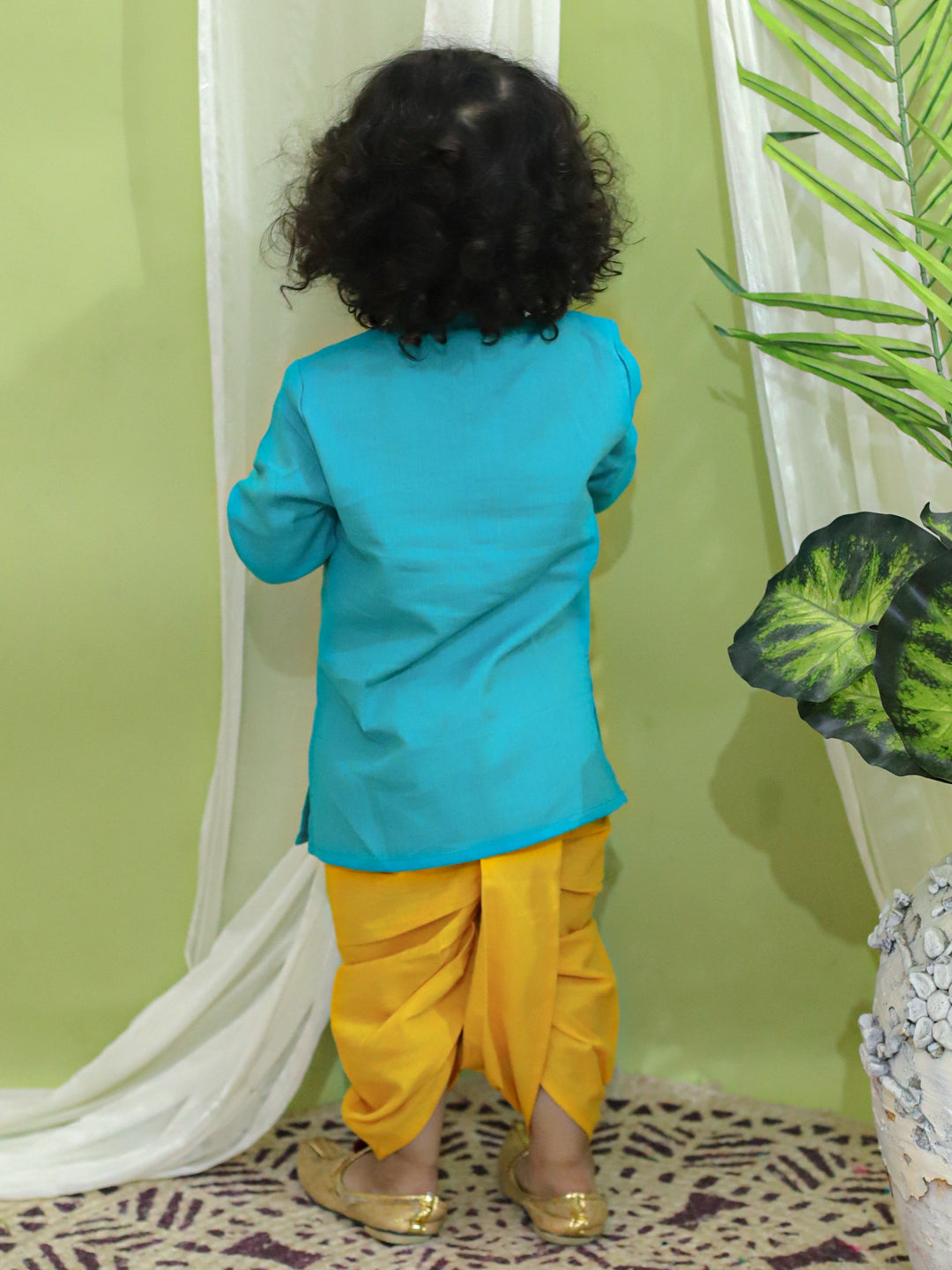 BownBee Ganesh Embroidery Cotton Dhoti Kurta for Boys- Green