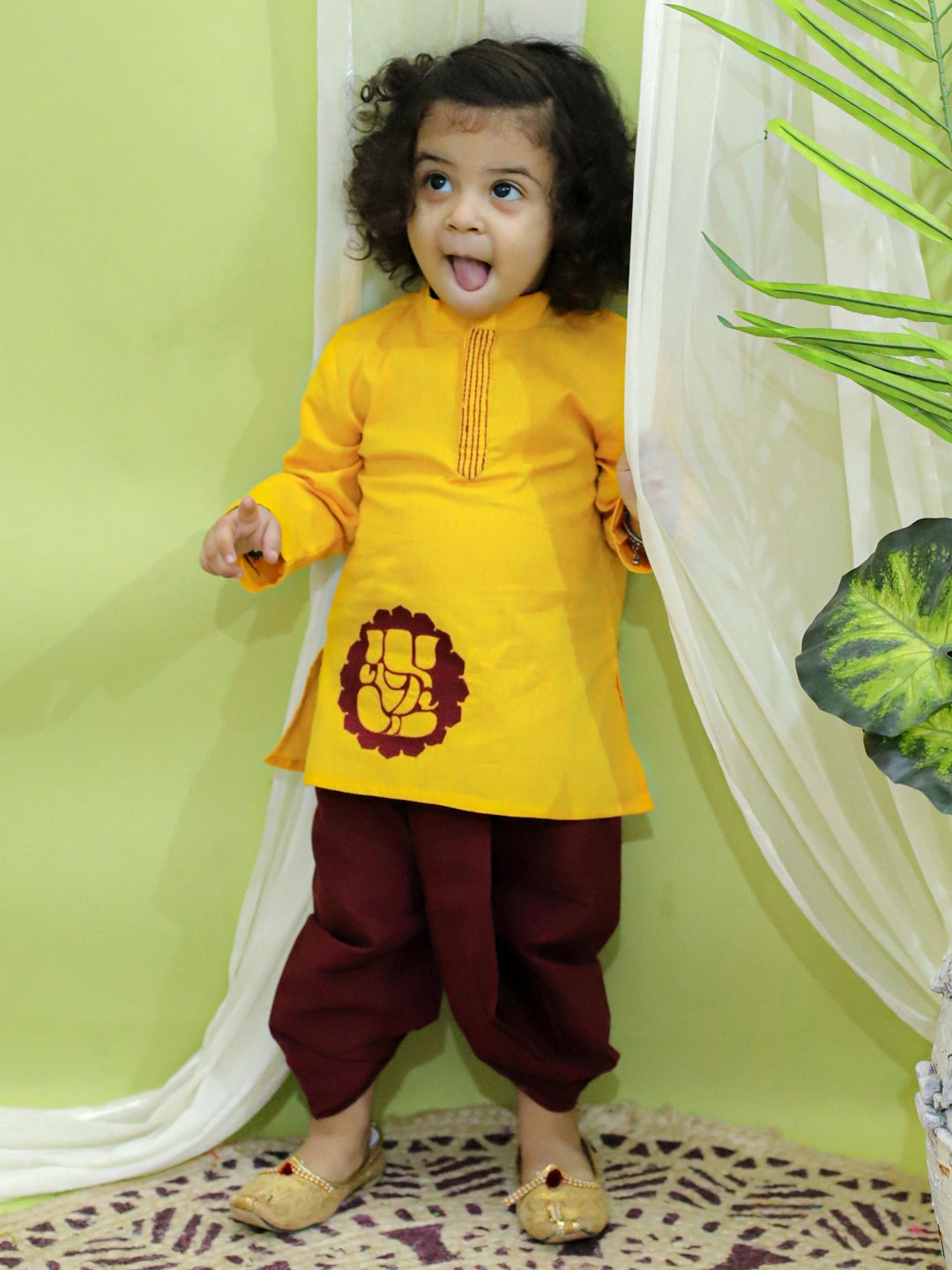 BownBee Ganesh Embroidery Cotton Dhoti Kurta for Boys- Yellow