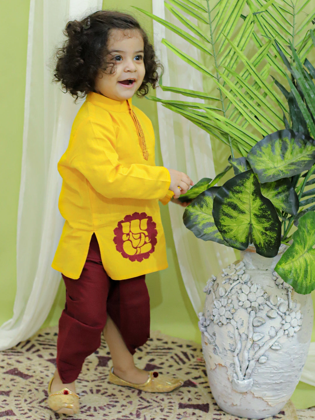 BownBee Ganesh Embroidery Cotton Dhoti Kurta for Boys- Yellow